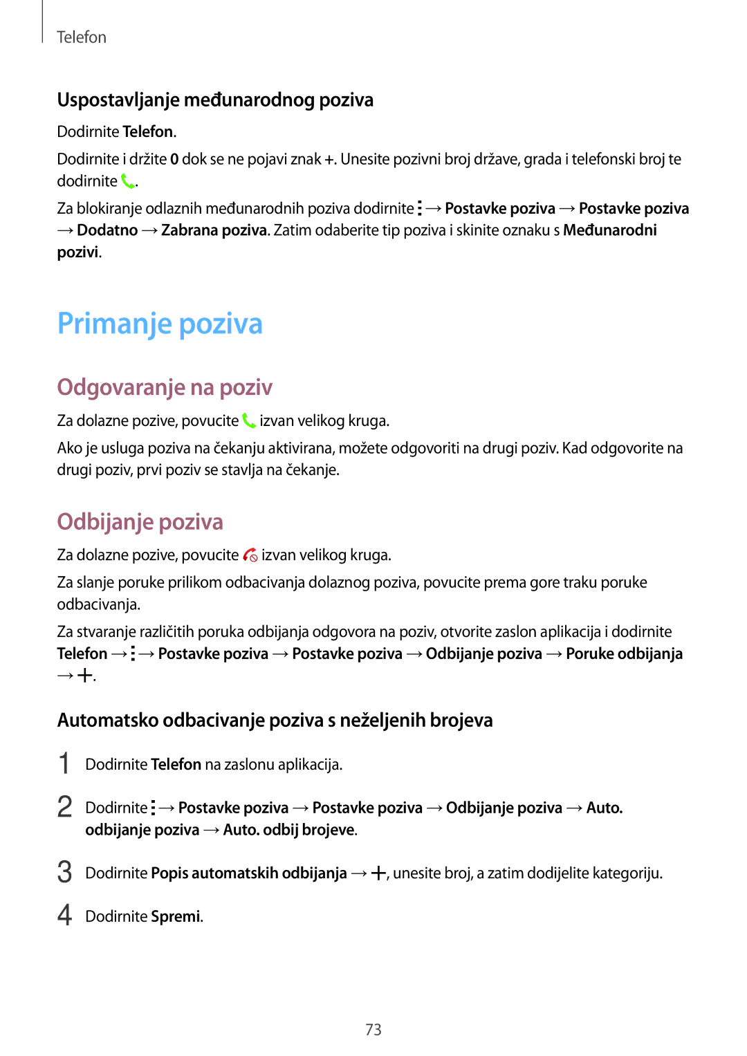 Samsung SM-T705NZWASEE manual Primanje poziva, Odgovaranje na poziv, Odbijanje poziva, Uspostavljanje međunarodnog poziva 