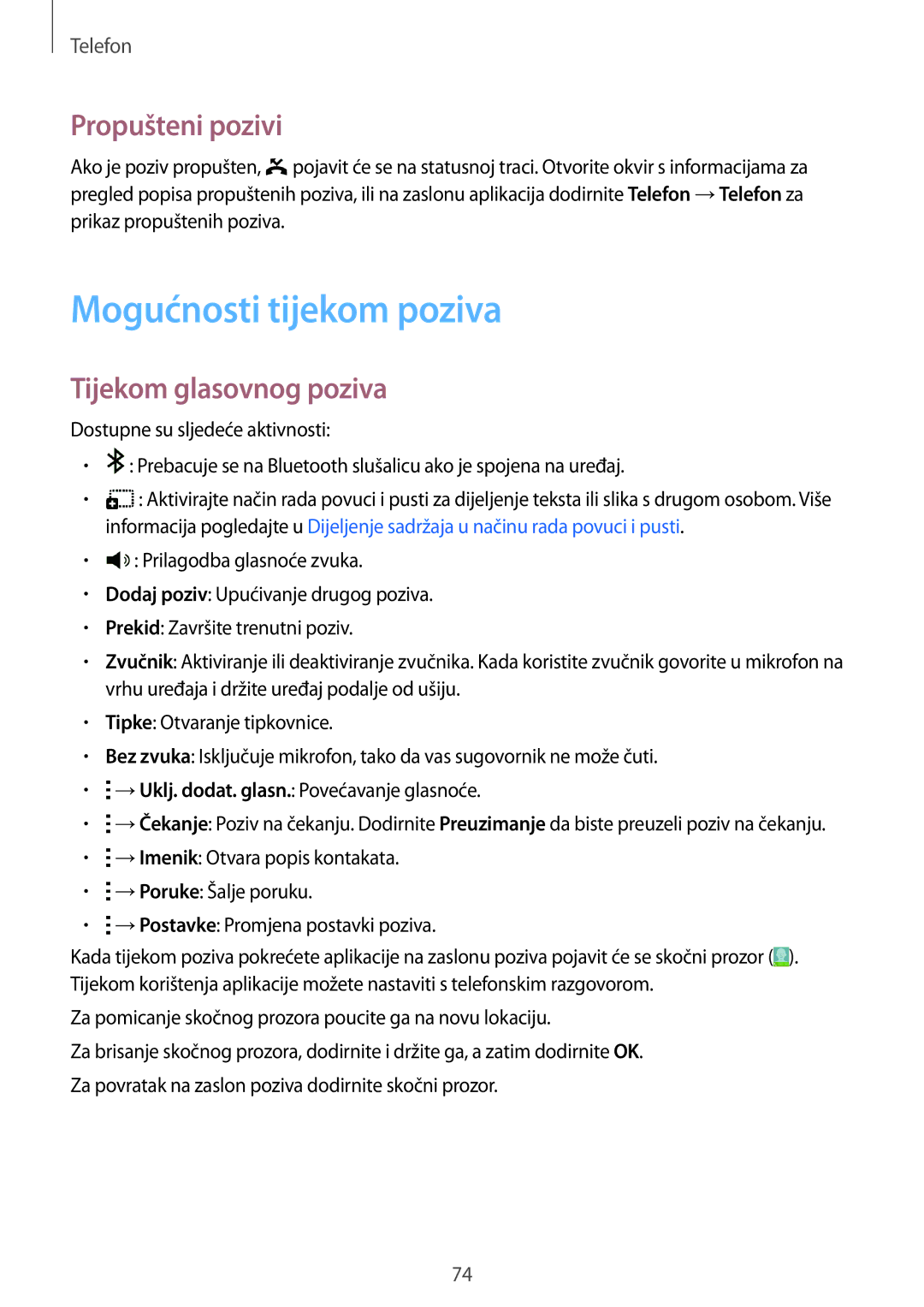 Samsung SM-T705NTSASEE, SM-T705NZWASEE manual Mogućnosti tijekom poziva, Propušteni pozivi, Tijekom glasovnog poziva 