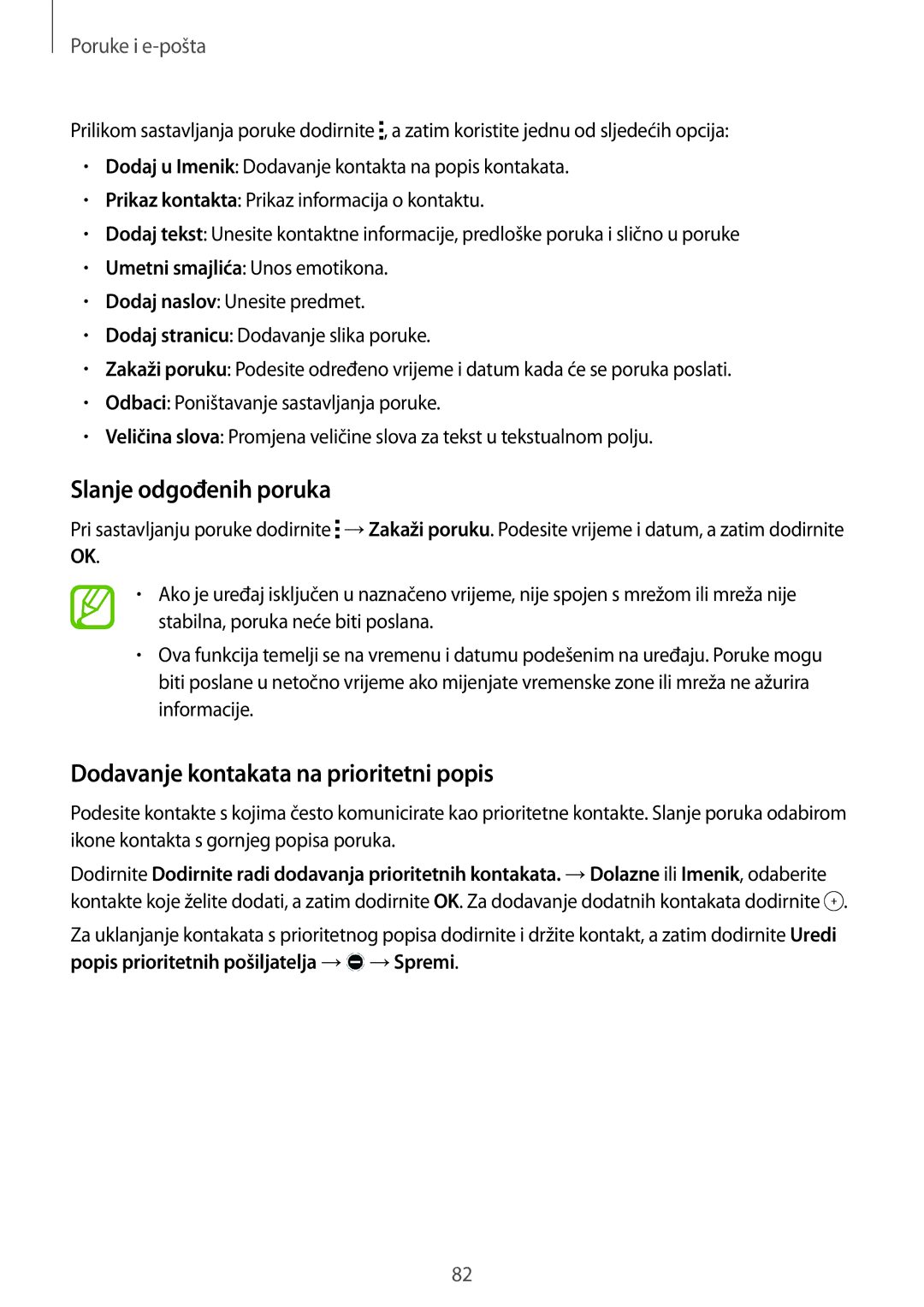 Samsung SM-T705NTSASEE, SM-T705NZWASEE manual Slanje odgođenih poruka, Dodavanje kontakata na prioritetni popis 