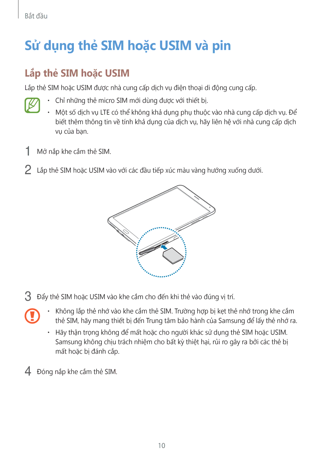 Samsung SM-T705NTSAXXV, SM-T705NZWAXXV manual Sử dụng thẻ SIM hoặc Usim và pin, Lắp thẻ SIM hoặc Usim 