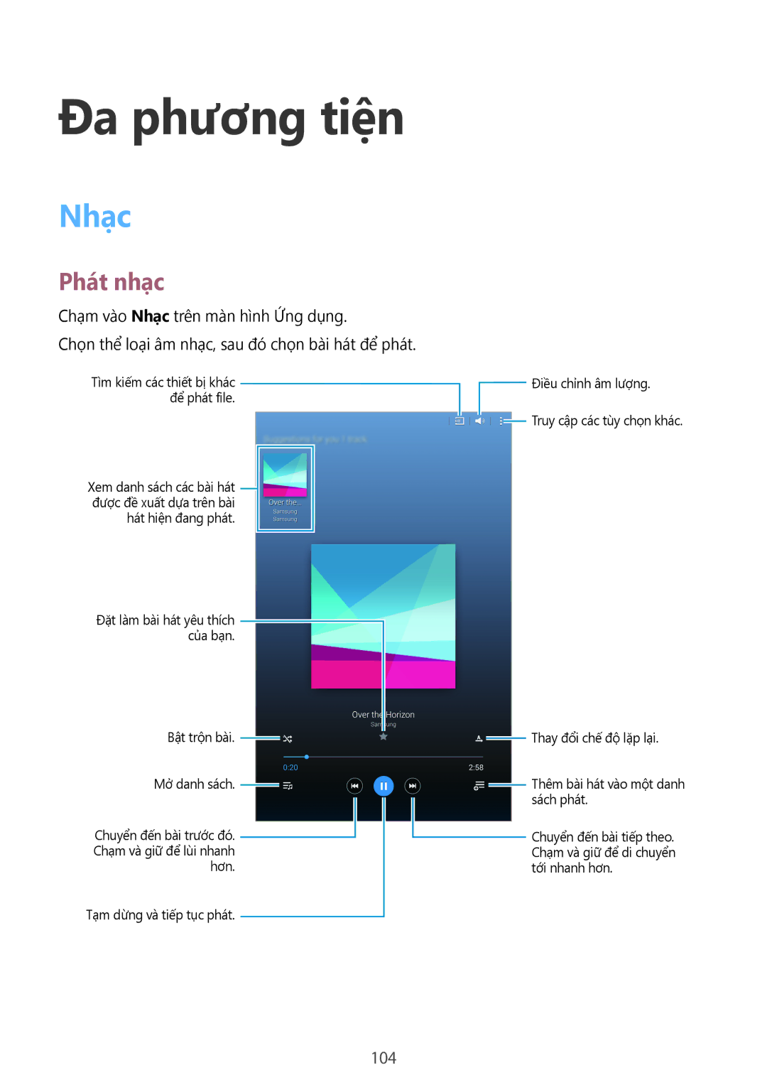 Samsung SM-T705NTSAXXV, SM-T705NZWAXXV manual Đa phương tiện, Nhạc, Phát nhạc, 104 