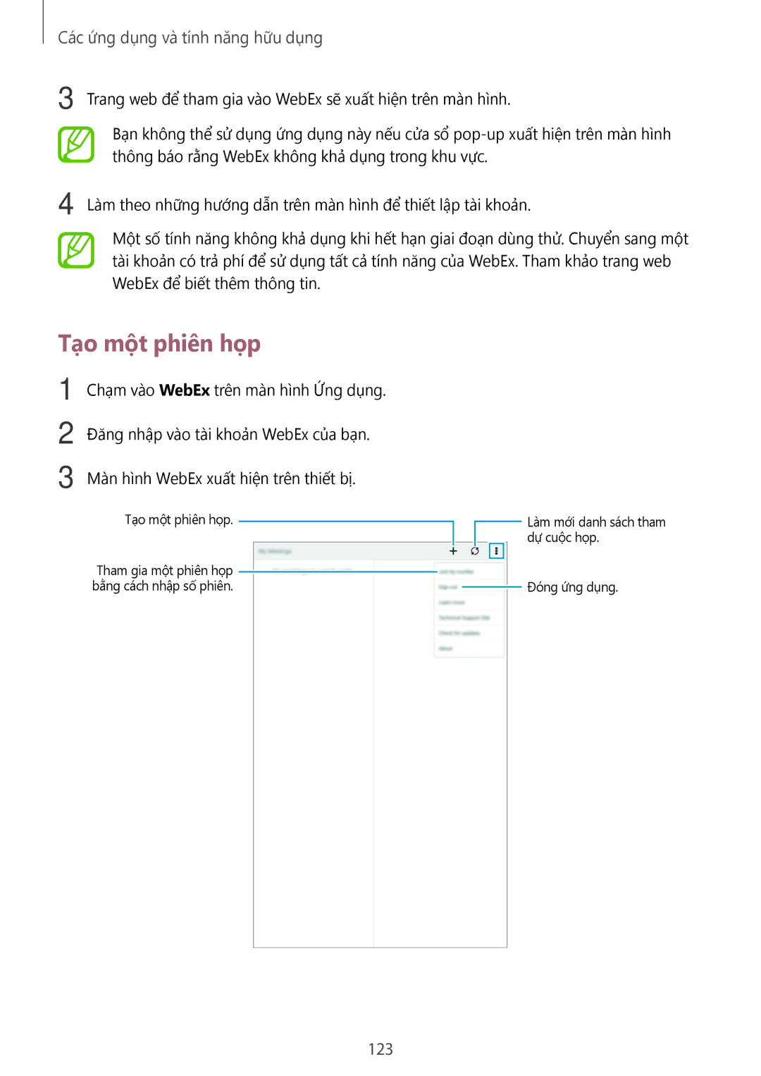 Samsung SM-T705NZWAXXV, SM-T705NTSAXXV manual Tạo một phiên họp, 123 