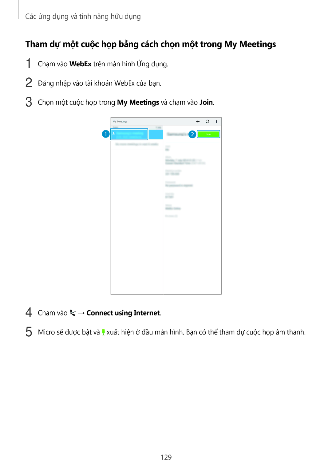 Samsung SM-T705NZWAXXV, SM-T705NTSAXXV manual Tham dự một cuộc họp bằng cách chọn một trong My Meetings, 129 