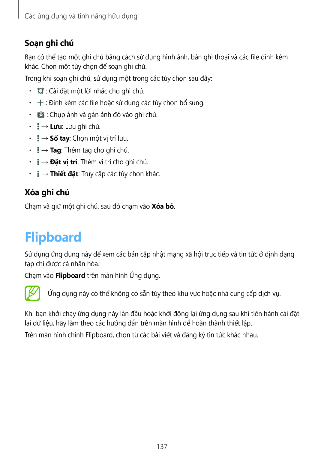 Samsung SM-T705NZWAXXV, SM-T705NTSAXXV manual Flipboard, Soạn ghi chú, Xóa ghi chú, 137 