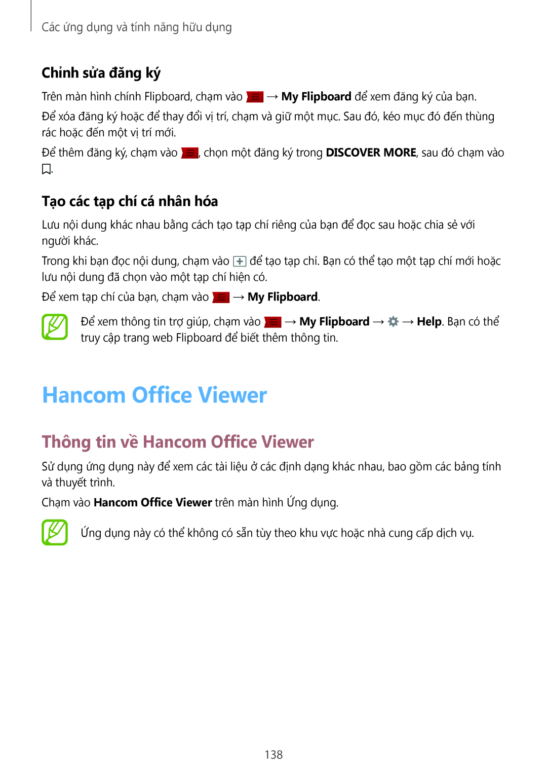 Samsung SM-T705NTSAXXV manual Thông tin về Hancom Office Viewer, Chỉnh sửa đăng ký, Tạo các tạp chí cá nhân hóa, 138 