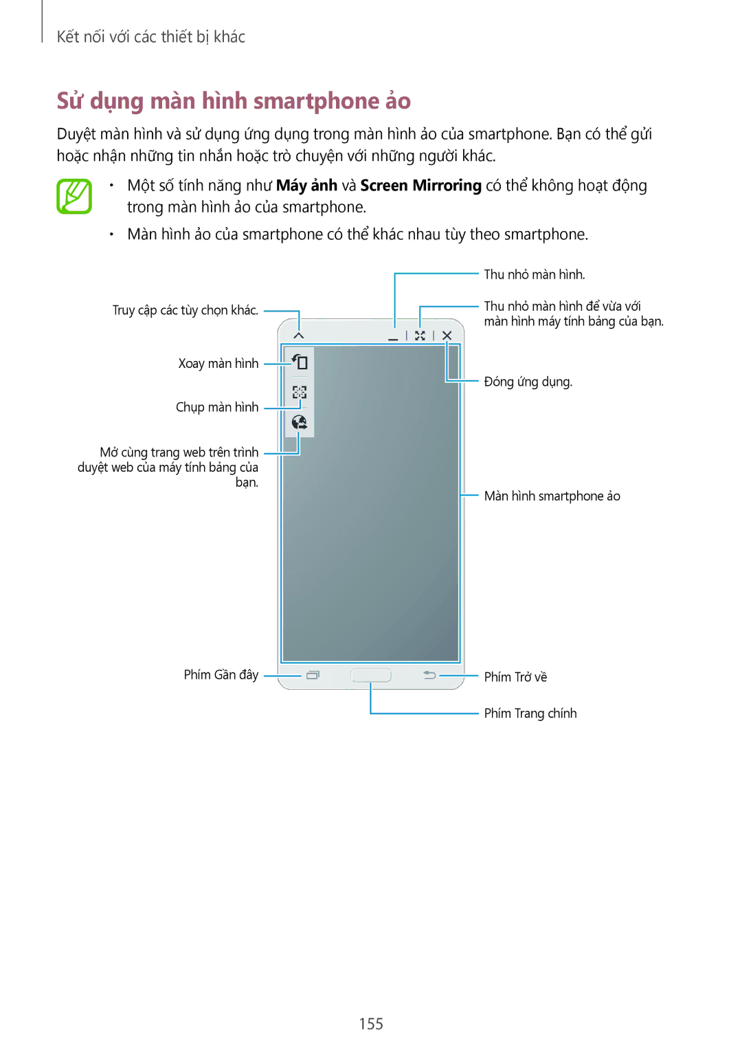 Samsung SM-T705NZWAXXV, SM-T705NTSAXXV manual Sử dụng màn hình smartphone ảo, 155 