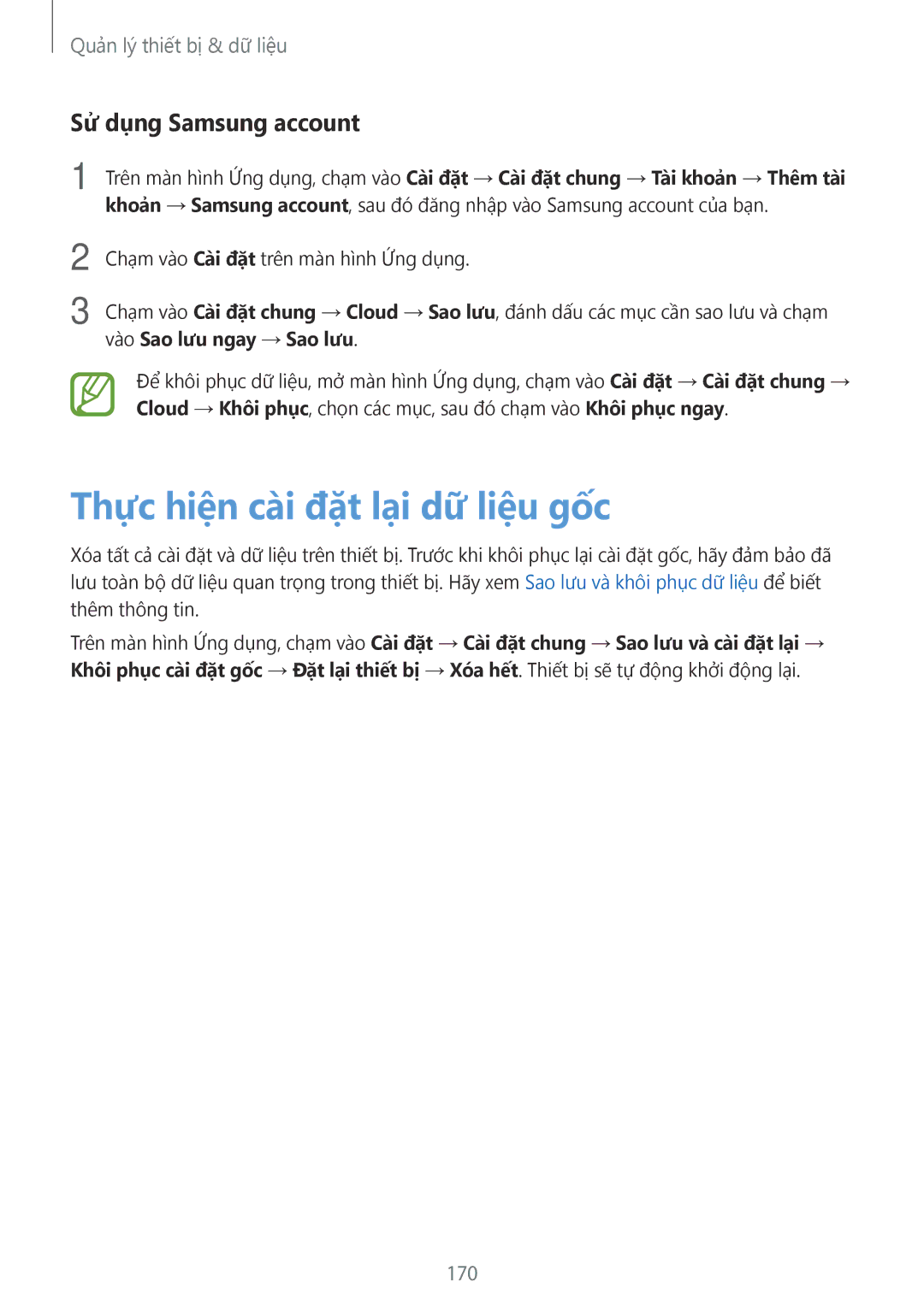 Samsung SM-T705NTSAXXV, SM-T705NZWAXXV manual Thực hiện cài đặt lại dữ liệu gốc, Sử dụng Samsung account, 170 