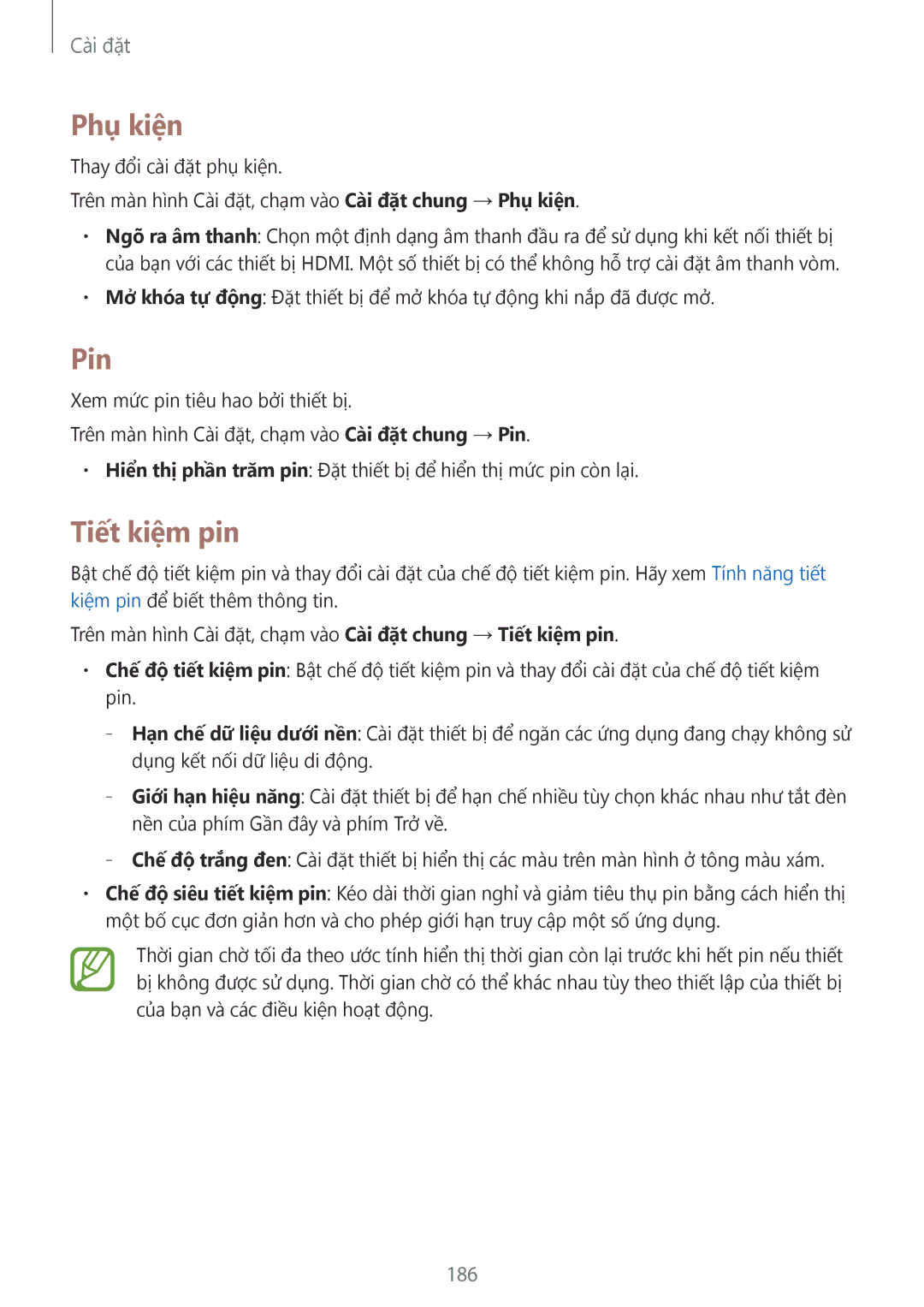 Samsung SM-T705NTSAXXV, SM-T705NZWAXXV manual Phu kiên, Pin, Tiết kiệm pin, 186 