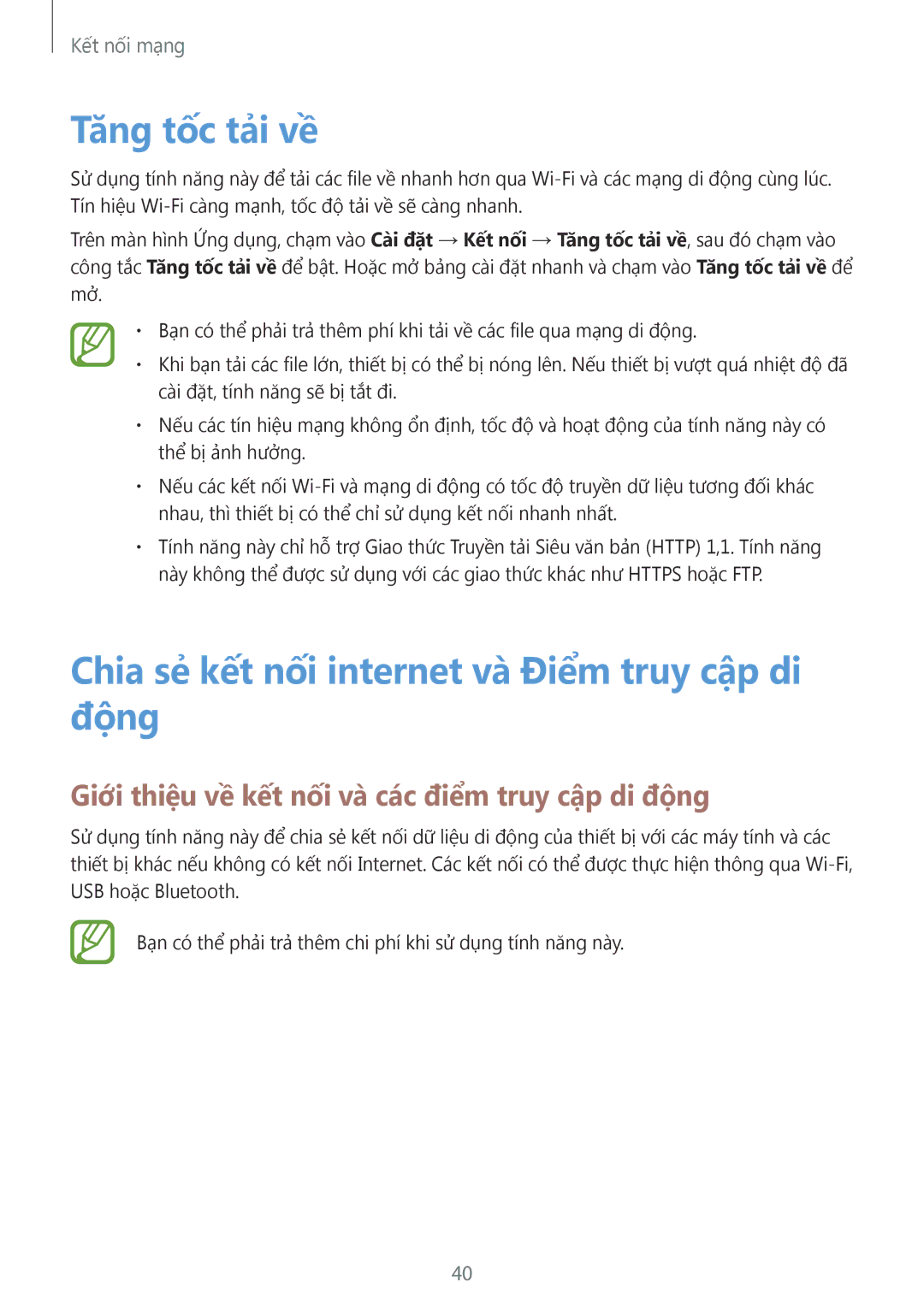 Samsung SM-T705NTSAXXV, SM-T705NZWAXXV manual Tăng tốc tải về, Chia sẻ kết nối internet va Điểm truy cập di động 