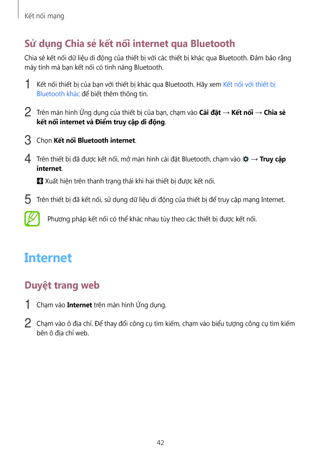 Samsung SM-T705NTSAXXV, SM-T705NZWAXXV manual Internet, Sử dụng Chia sẻ kết nối internet qua Bluetooth, Duyệt trang web 