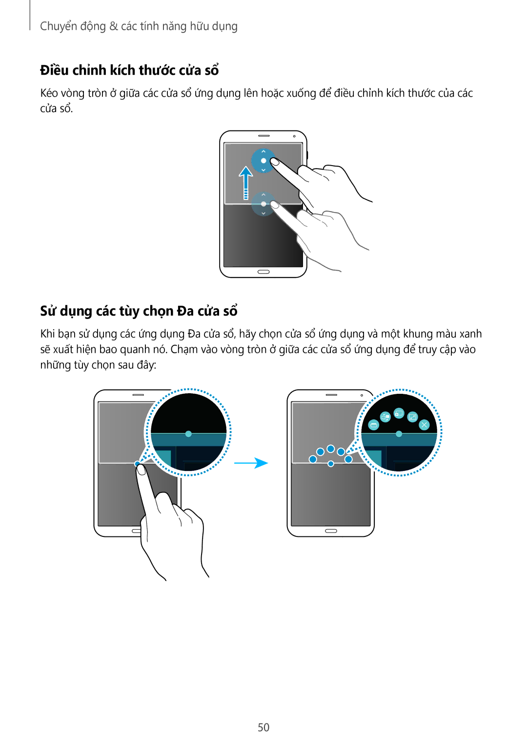 Samsung SM-T705NTSAXXV, SM-T705NZWAXXV manual Điều chỉnh kích thước cửa sổ̉, Sử dụng các tùy chọn Đa cửa sổ̉ 