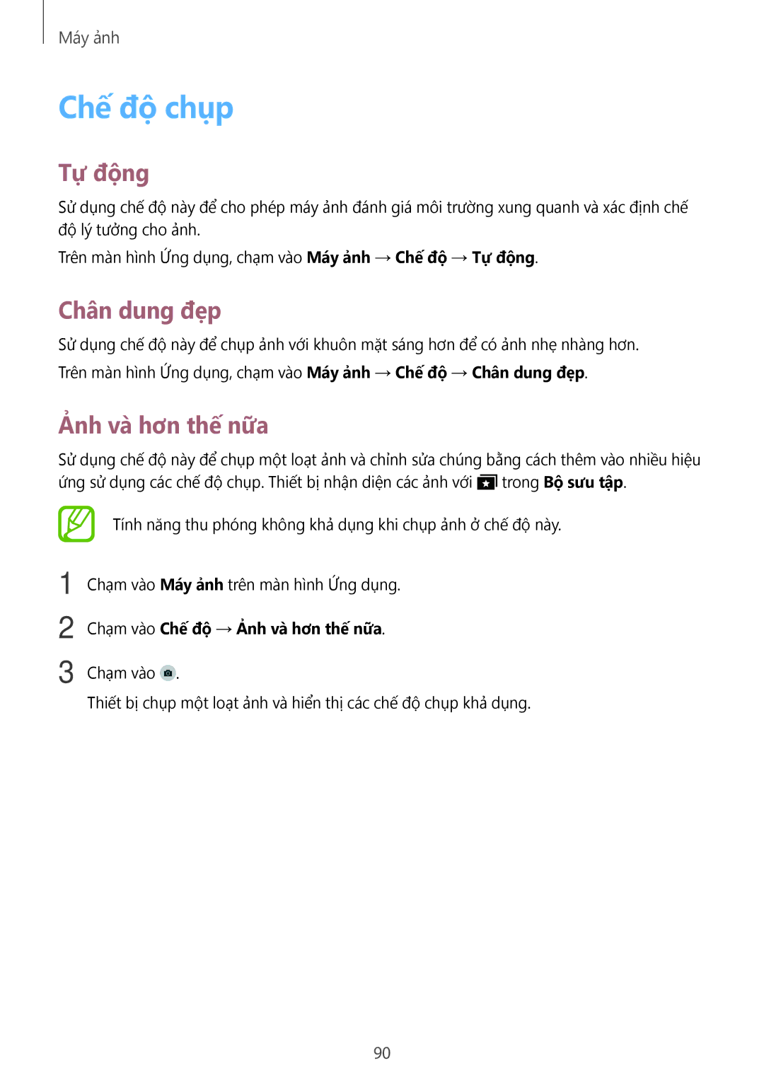 Samsung SM-T705NTSAXXV, SM-T705NZWAXXV manual Chế độ chụp, Tư đông, Chân dung đẹp, Chạm vào Chế độ → Ả̉nh va hơn thế nữa 
