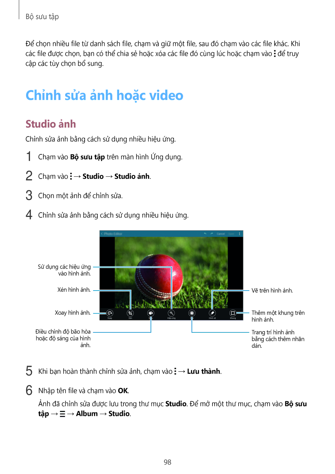 Samsung SM-T705NTSAXXV, SM-T705NZWAXXV manual Chỉnh sửa ảnh hoặc video, Studio ảnh 