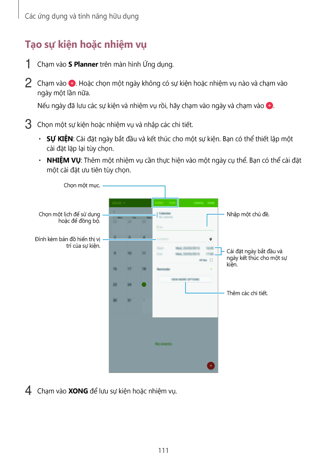 Samsung SM-T705NZWAXXV, SM-T705NTSAXXV manual Tạo sự kiện hoặc nhiệm vụ, 111 