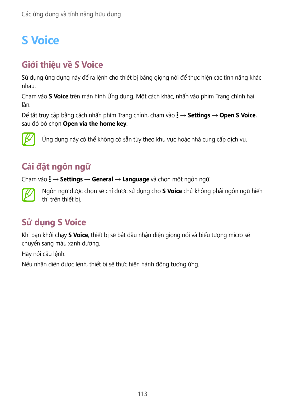 Samsung SM-T705NZWAXXV, SM-T705NTSAXXV manual Giới thiệu về S Voice, Cài đặt ngôn ngữ, Sử dụng S Voice, 113 