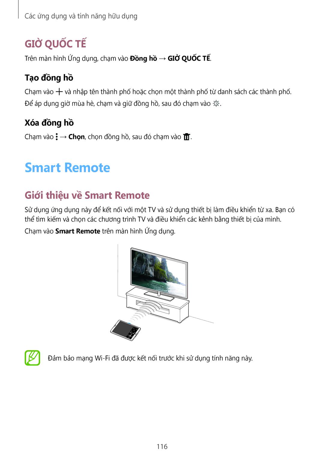 Samsung SM-T705NTSAXXV, SM-T705NZWAXXV manual Giới thiệu về Smart Remote, Tạo đồng hồ, Xóa đồng hồ, 116 