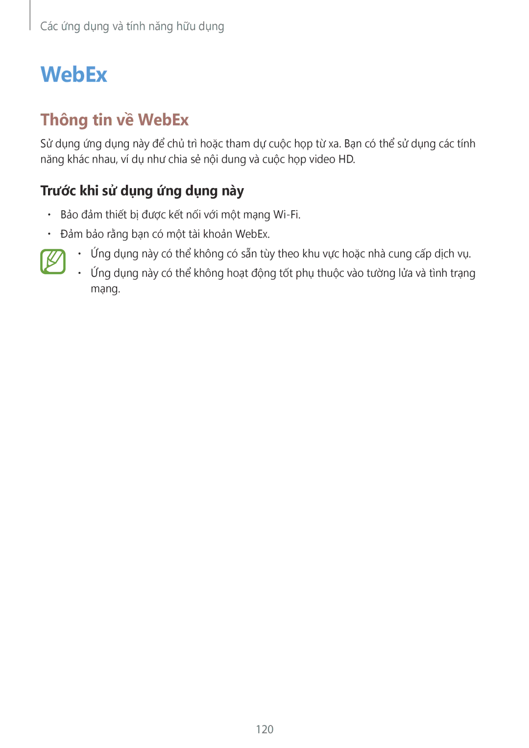 Samsung SM-T705NTSAXXV, SM-T705NZWAXXV manual Thông tin về WebEx, Trước khi sử dụng ứng dụng này, 120 