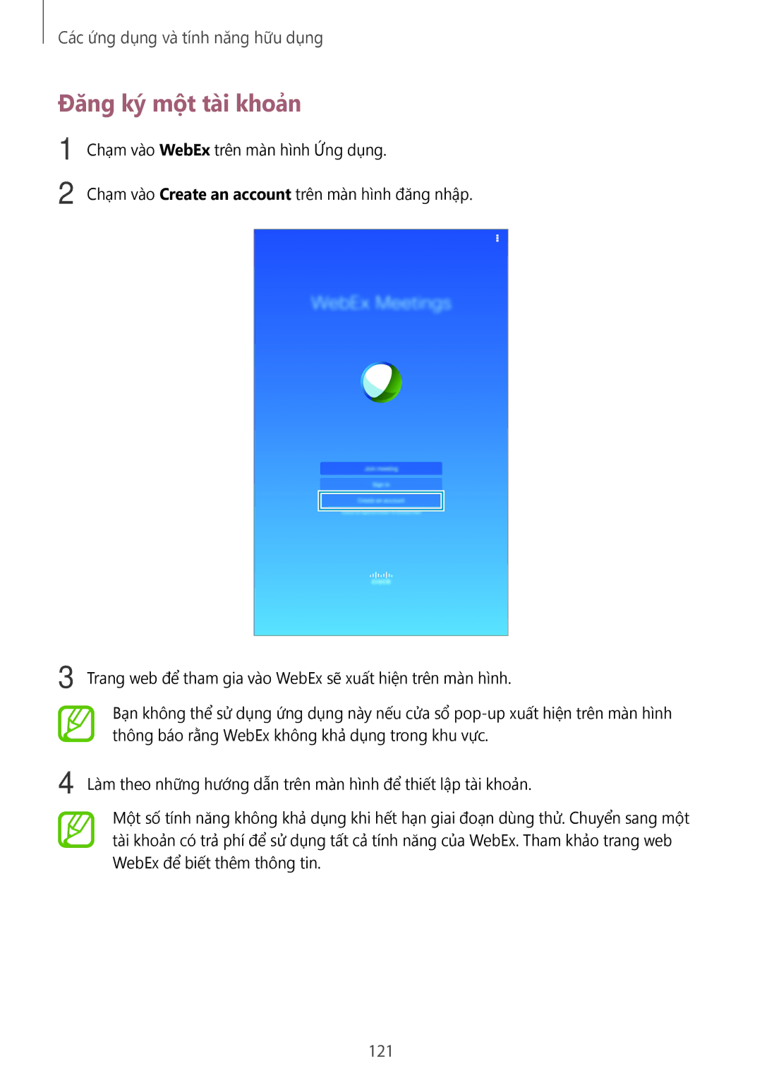 Samsung SM-T705NZWAXXV, SM-T705NTSAXXV manual Đăng ký một tài khoản, 121 