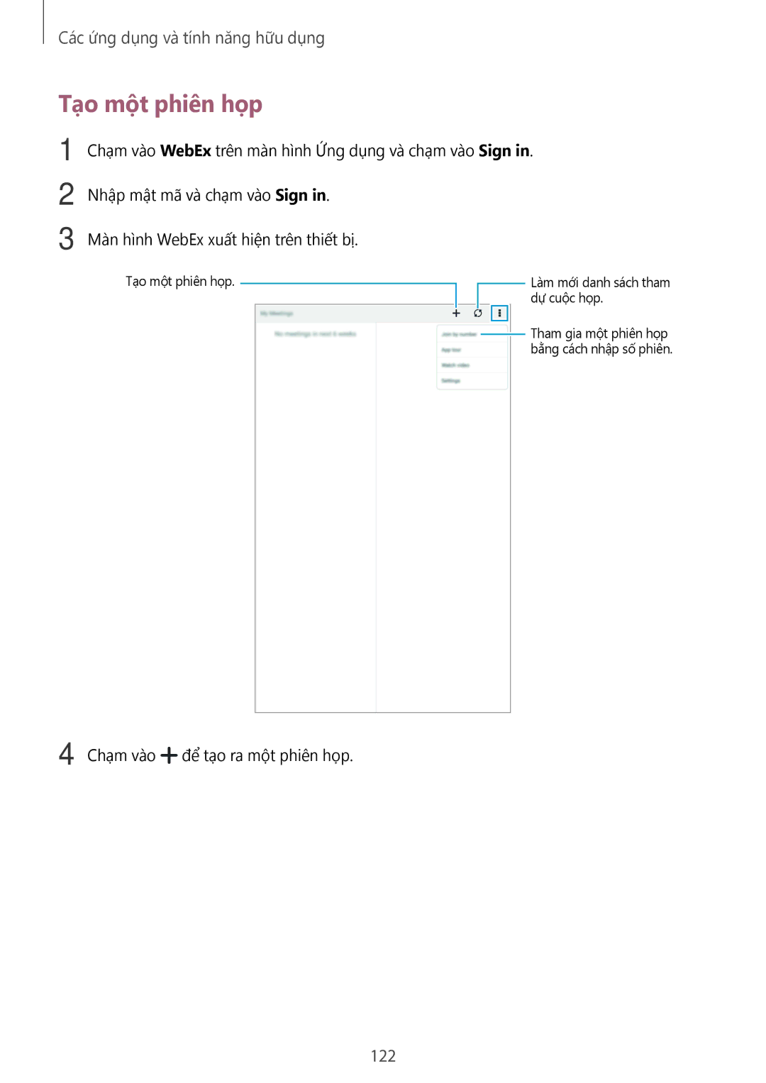 Samsung SM-T705NTSAXXV, SM-T705NZWAXXV manual Tạo một phiên họp, 122 