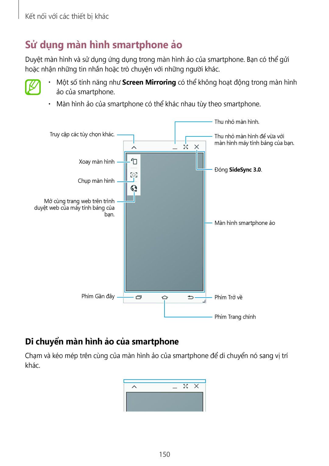 Samsung SM-T705NTSAXXV, SM-T705NZWAXXV manual Sử dụng màn hình smartphone ảo, Di chuyển màn hình ảo của smartphone, 150 