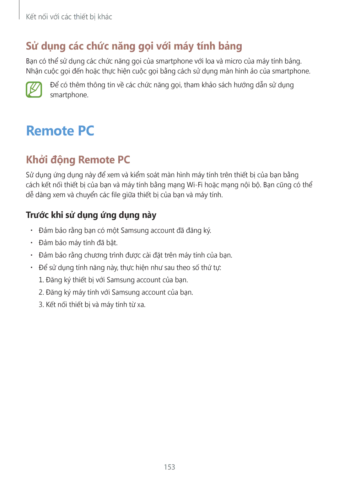 Samsung SM-T705NZWAXXV, SM-T705NTSAXXV manual Sử dụng các chức năng gọi với máy tính bảng, Khởi động Remote PC, 153 