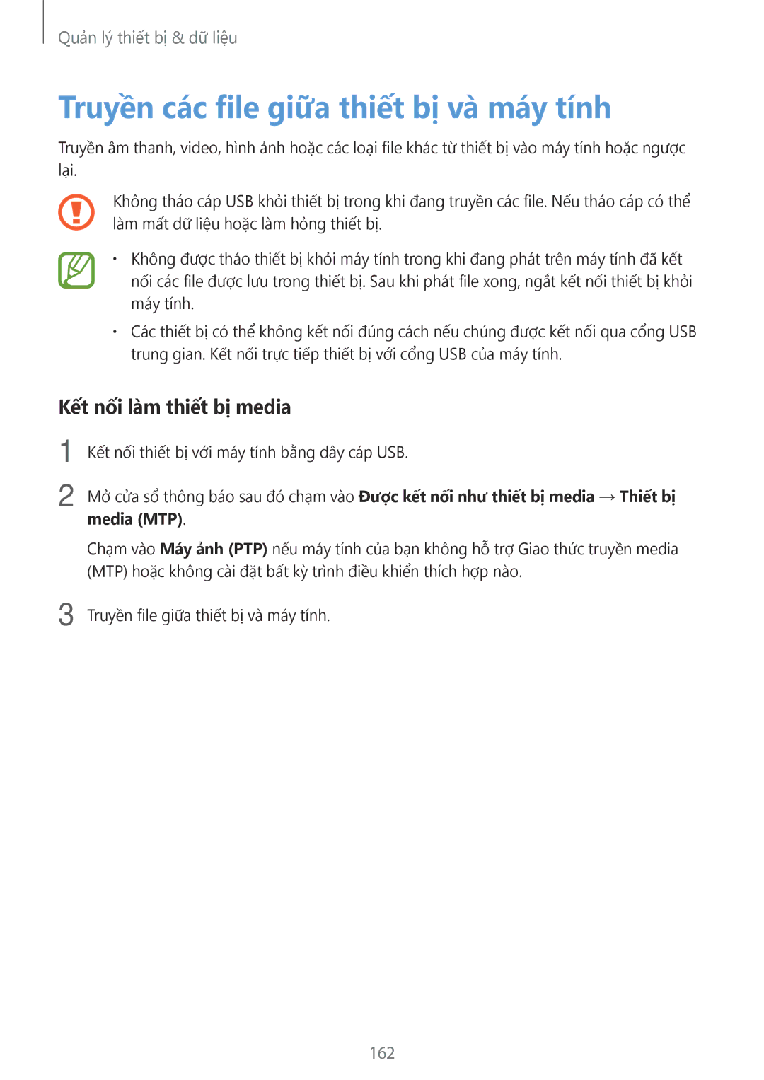 Samsung SM-T705NTSAXXV, SM-T705NZWAXXV manual Truyền các file giữa thiết bị và máy tính, Kết nối làm thiết bị media, 162 