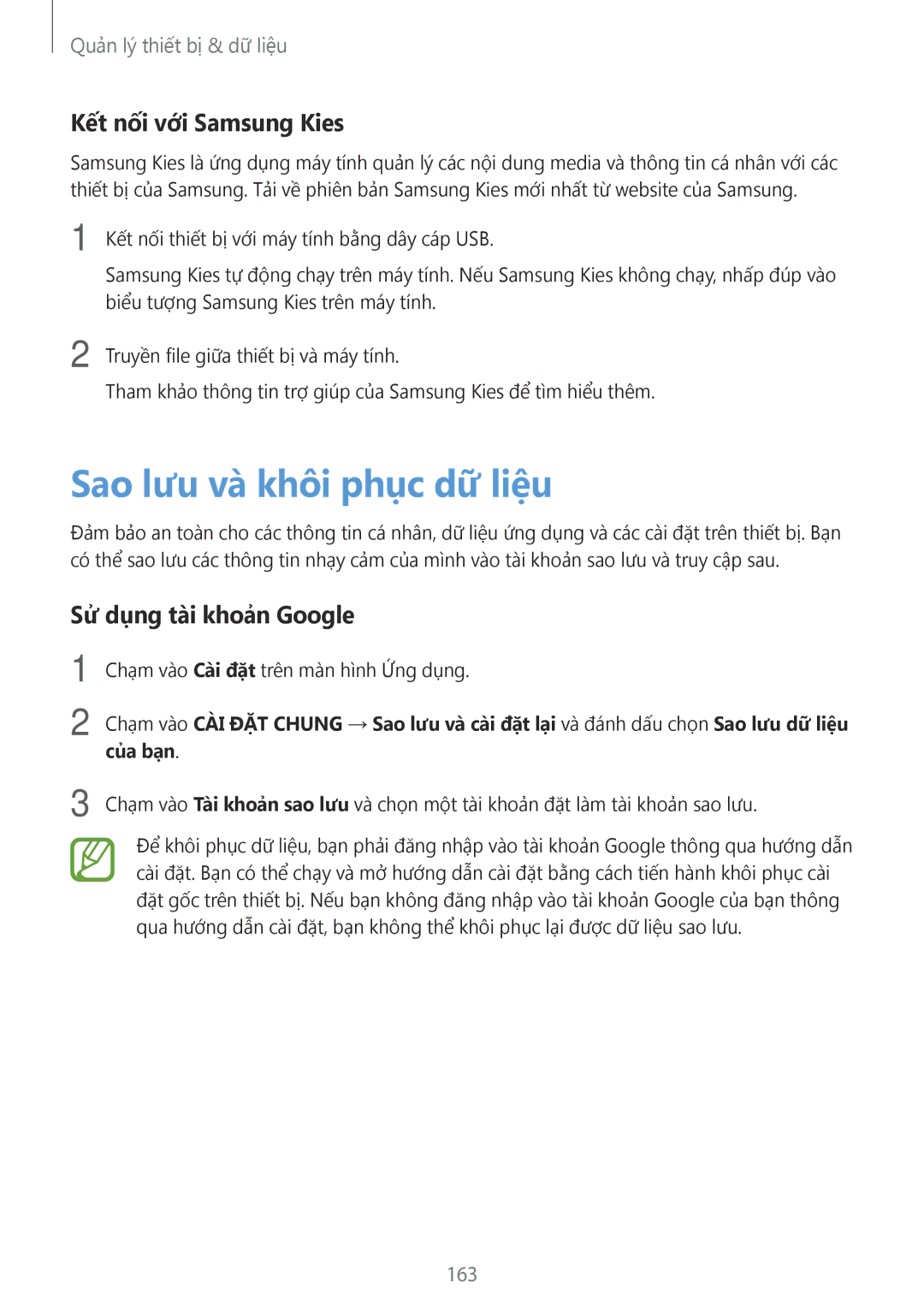 Samsung SM-T705NZWAXXV manual Sao lưu và khôi phục dữ liệu, Kết nối với Samsung Kies, Sử dụng tài khoản Google, 163 