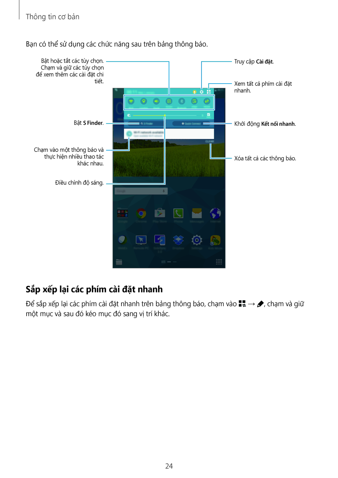 Samsung SM-T705NTSAXXV manual Sắp xếp lại các phím cài đặt nhanh, Bạn có thể sử dụng các chức năng sau trên bảng thông báo 