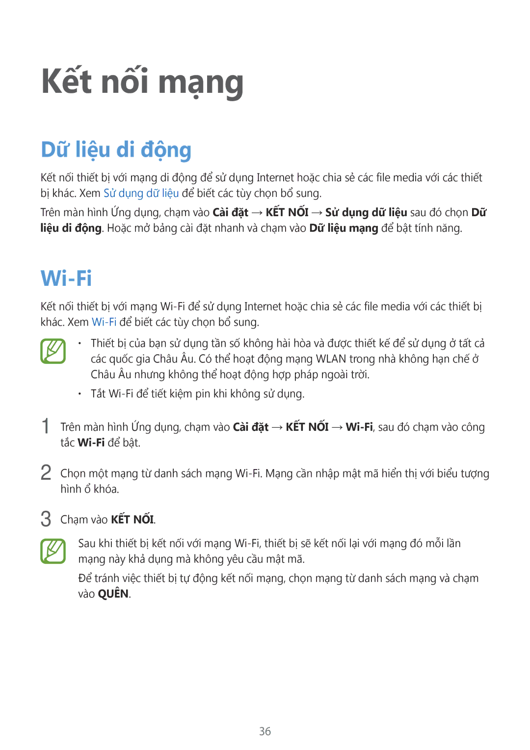 Samsung SM-T705NTSAXXV, SM-T705NZWAXXV manual Kết nối mạng, Dữ liệu di động, Wi-Fi 