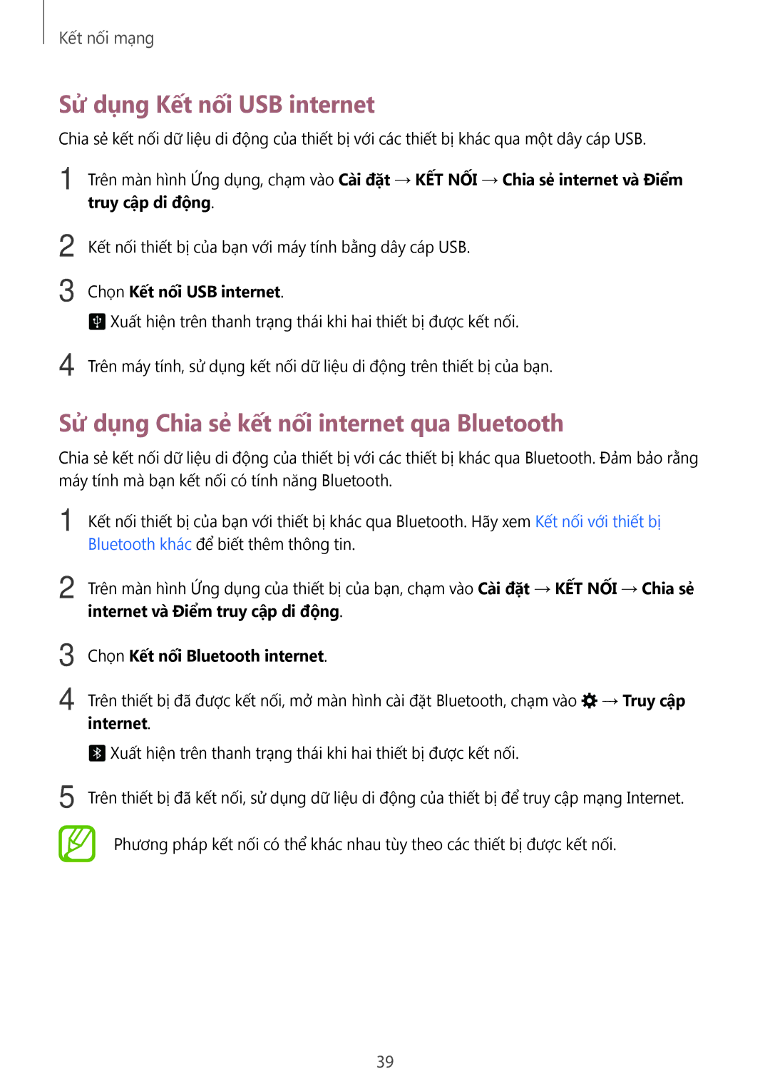 Samsung SM-T705NZWAXXV, SM-T705NTSAXXV manual Sử dụng Kết nối USB internet, Sử dụng Chia sẻ kết nối internet qua Bluetooth 