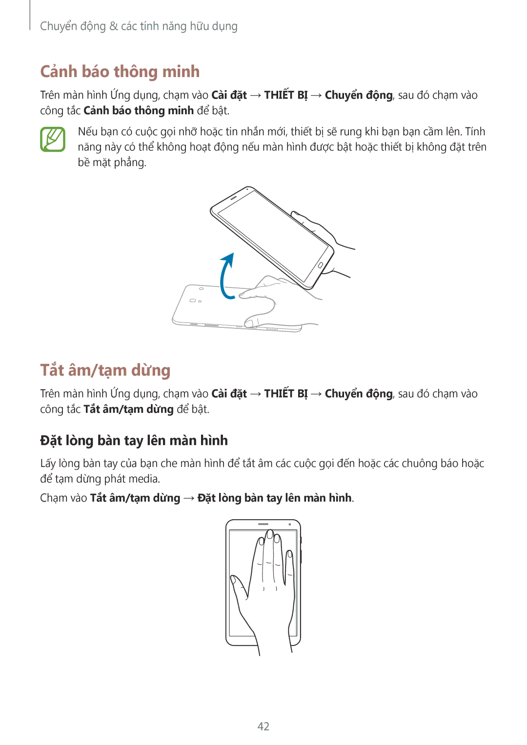 Samsung SM-T705NTSAXXV, SM-T705NZWAXXV manual Cảnh báo thông minh, Tắt âm/tạm dừng, Đặt lòng bàn tay lên màn hình 