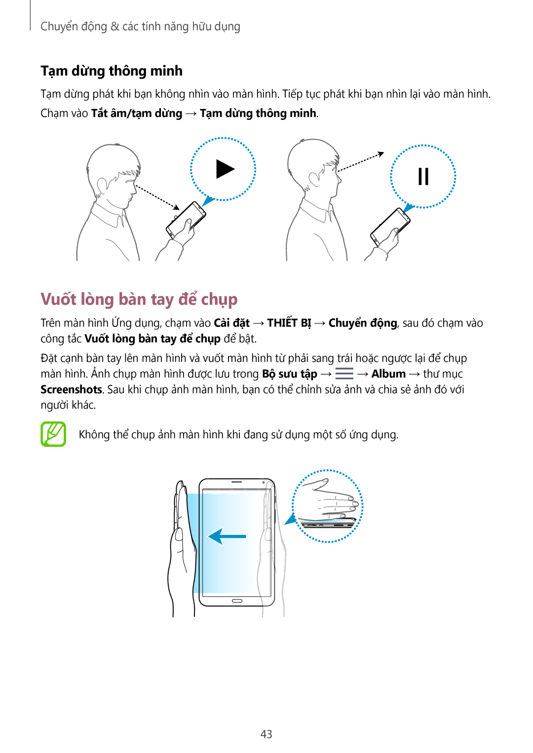 Samsung SM-T705NZWAXXV, SM-T705NTSAXXV manual Vuốt lòng bàn tay để chụp, Chạm vào Tắt âm/tạm dừng → Tạm dừng thông minh 