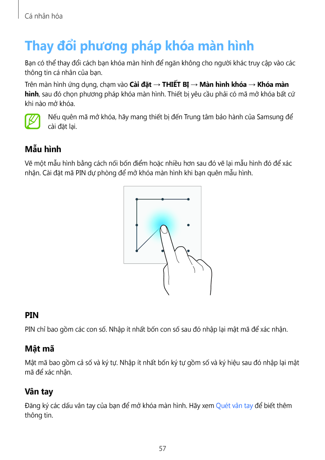 Samsung SM-T705NZWAXXV, SM-T705NTSAXXV manual Thay đổi phương pháp khóa màn hình, Mẫu hình, Mật mã, Vân tay 