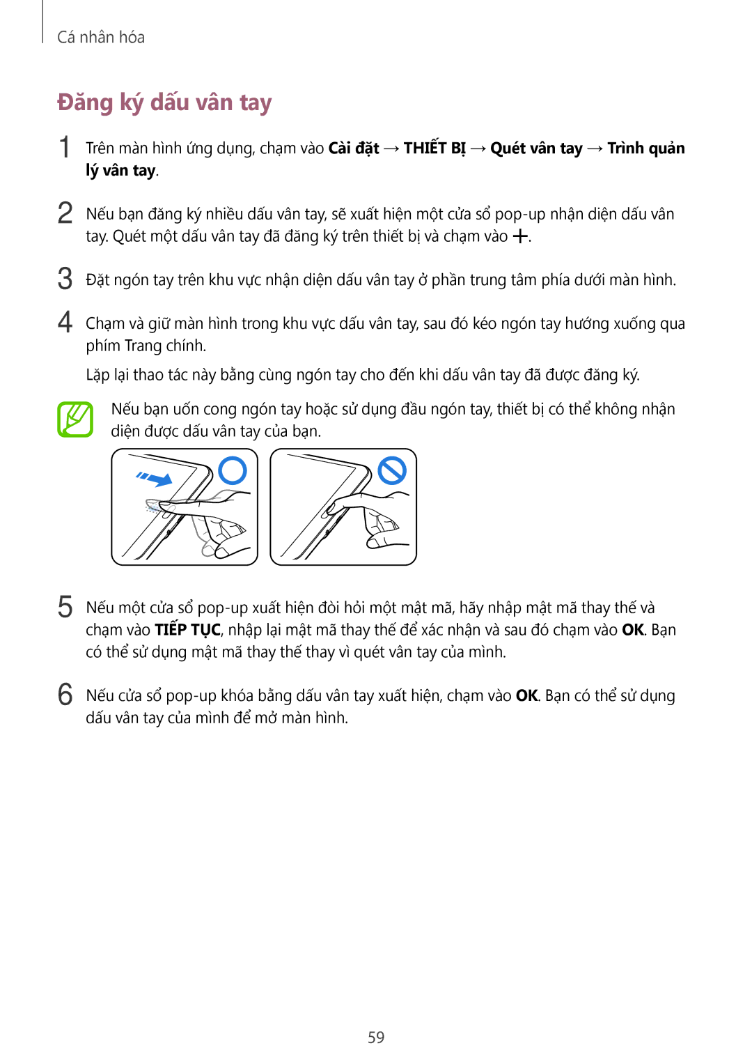 Samsung SM-T705NZWAXXV, SM-T705NTSAXXV manual Đăng ký dấu vân tay 