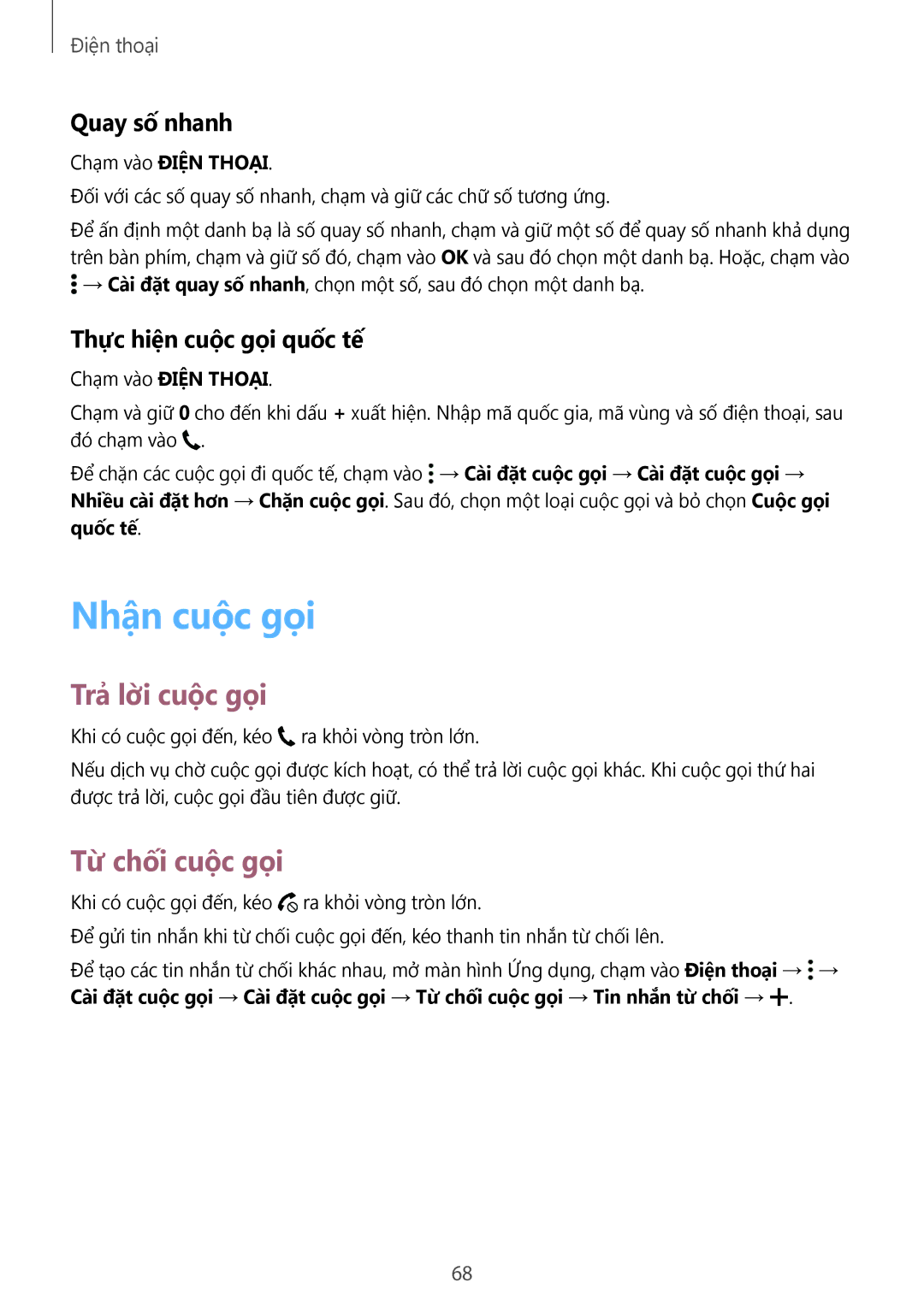 Samsung SM-T705NTSAXXV manual Nhận cuộc gọi, Trả lờ̀i cuộc gọi, Tư chối cuôc goi, Quay số nhanh, Thực hiện cuộc gọi quốc tế 