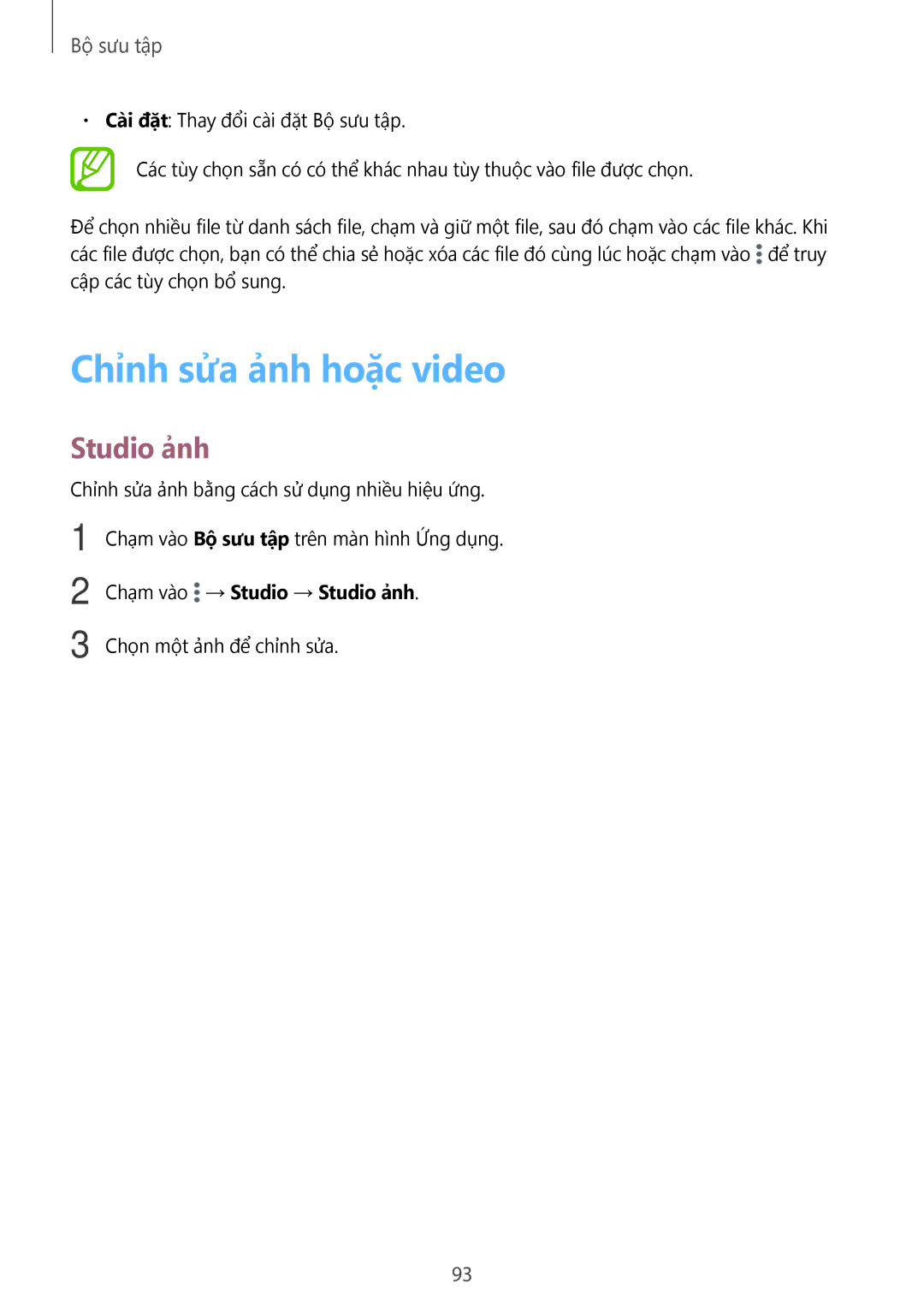 Samsung SM-T705NZWAXXV, SM-T705NTSAXXV manual Chỉnh sửa ảnh hoặc video, Chạm vào → Studio → Studio ảnh 