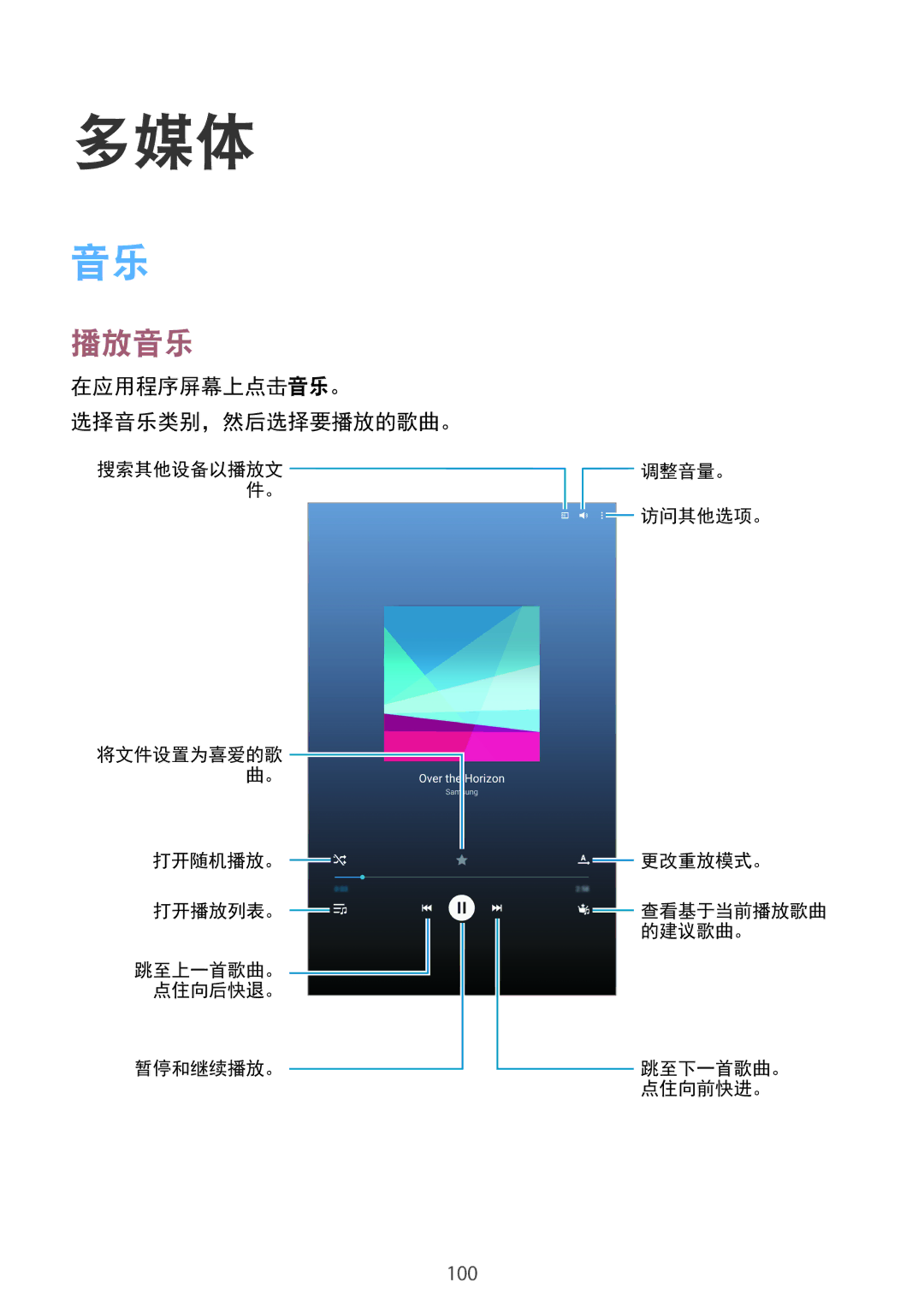 Samsung SM-T705NTSAXXV, SM-T705NZWAXXV manual 多媒体, 播放音乐, 在应用程序屏幕上点击音乐。 选择音乐类别，然后选择要播放的歌曲。 