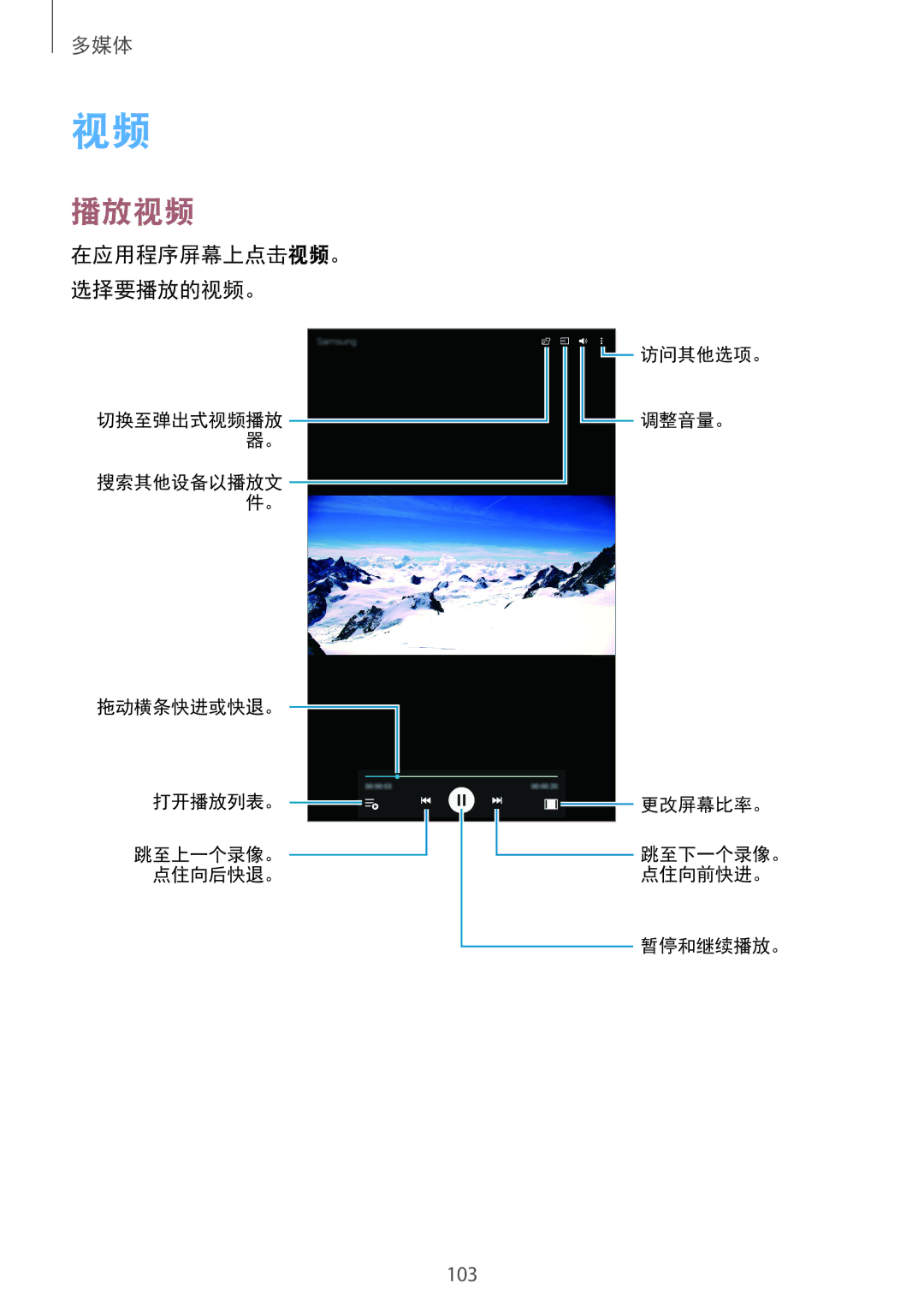 Samsung SM-T705NZWAXXV, SM-T705NTSAXXV manual 播放视频, 在应用程序屏幕上点击视频。 选择要播放的视频。 