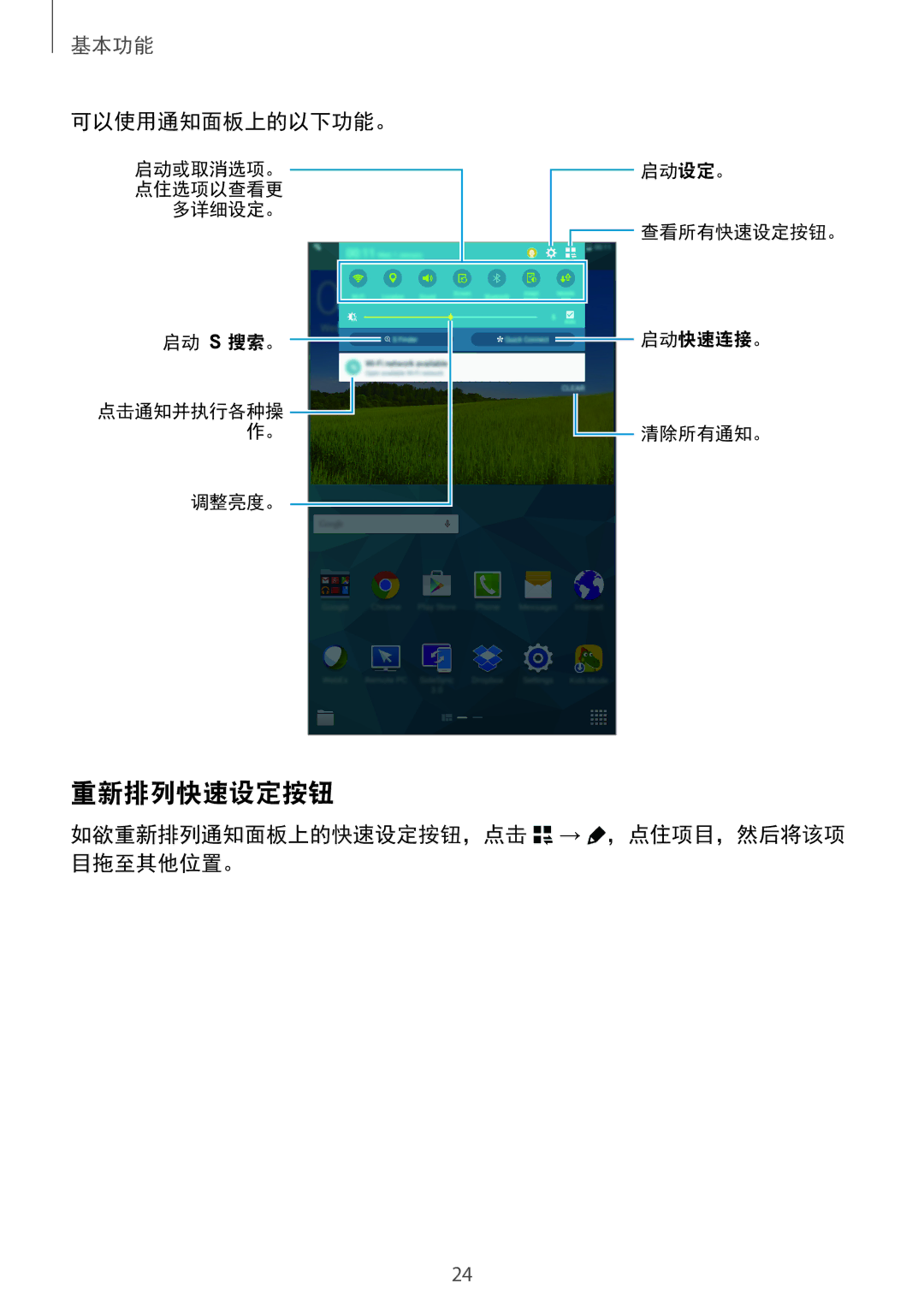 Samsung SM-T705NTSAXXV, SM-T705NZWAXXV manual 重新排列快速设定按钮, 可以使用通知面板上的以下功能。, 如欲重新排列通知面板上的快速设定按钮，点击 → ，点住项目，然后将该项 目拖至其他位置。 