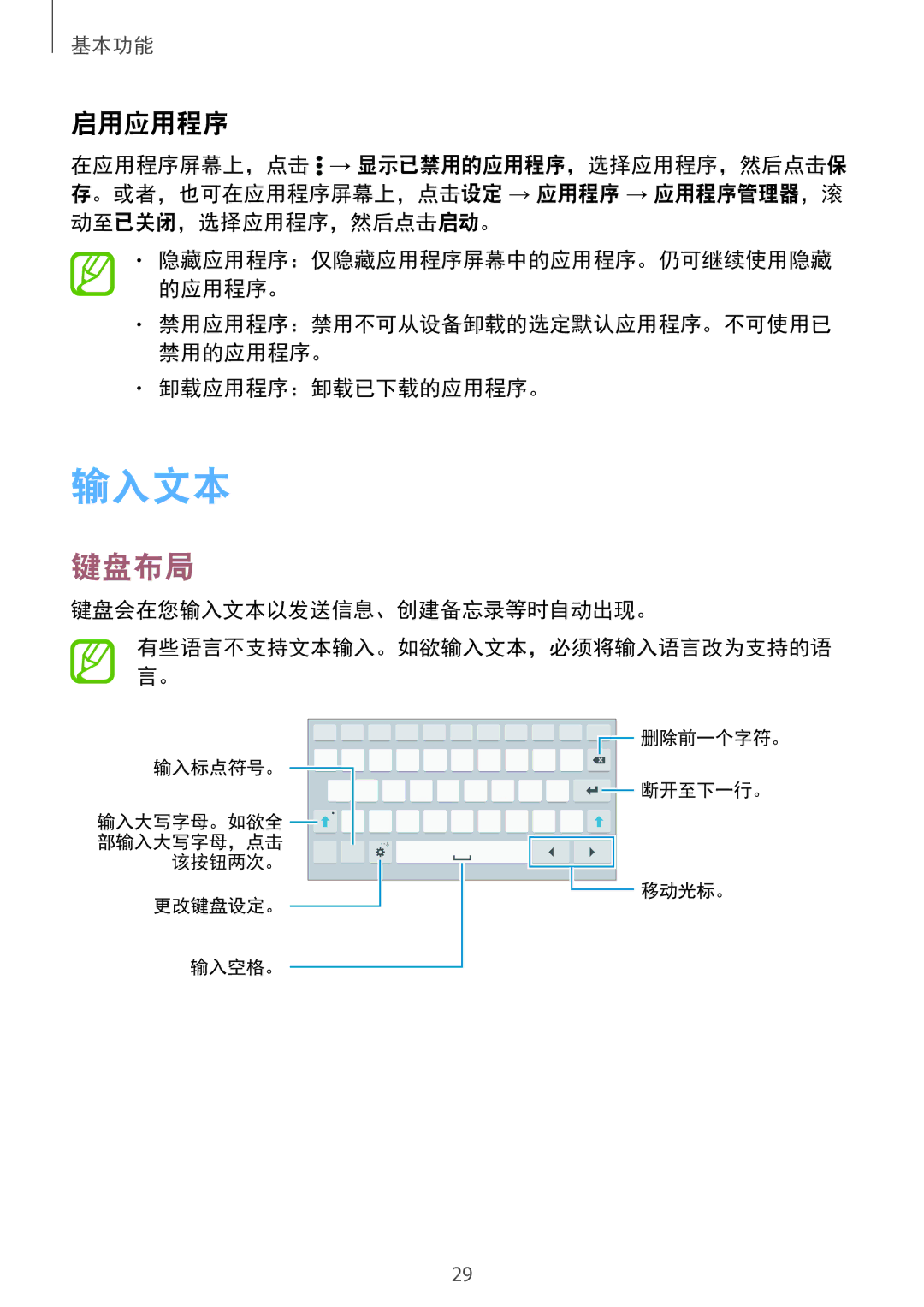 Samsung SM-T705NZWAXXV, SM-T705NTSAXXV manual 键盘布局, 启用应用程序, 卸载应用程序：卸载已下载的应用程序。, 键盘会在您输入文本以发送信息、创建备忘录等时自动出现。 