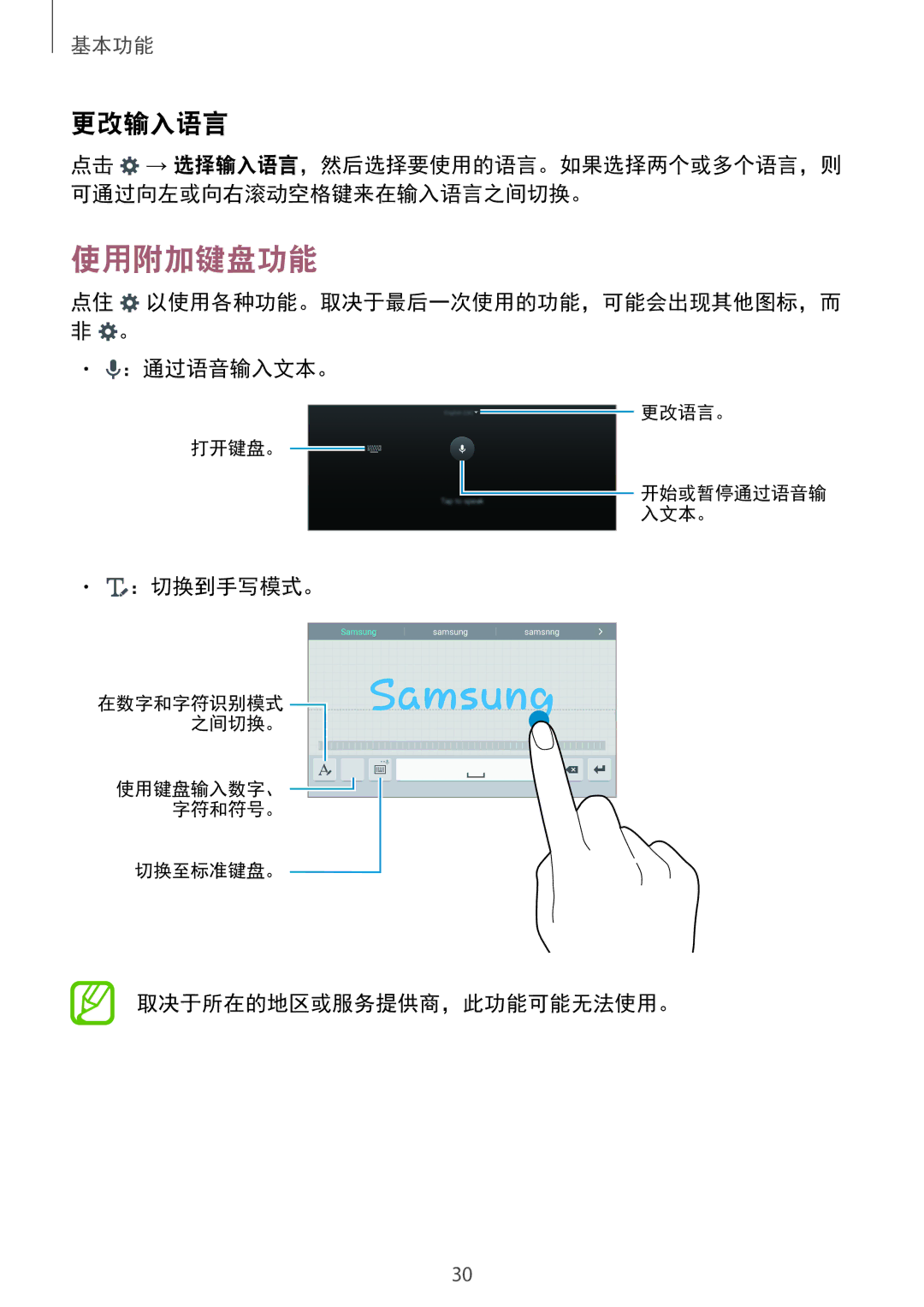 Samsung SM-T705NTSAXXV, SM-T705NZWAXXV 使用附加键盘功能, 更改输入语言, 点住 以使用各种功能。取决于最后一次使用的功能，可能会出现其他图标，而 非 。 ：通过语音输入文本。, ：切换到手写模式。 