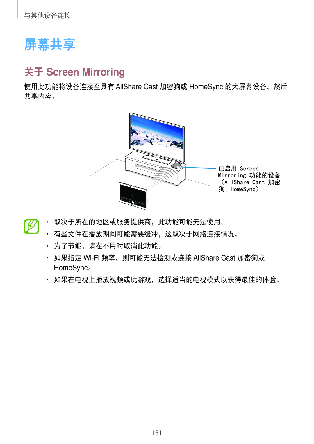 Samsung SM-T805NZWAXXV manual 屏幕共享, 关于 Screen Mirroring, 使用此功能将设备连接至具有 AllShare Cast 加密狗或 HomeSync 的大屏幕设备，然后 共享内容。 