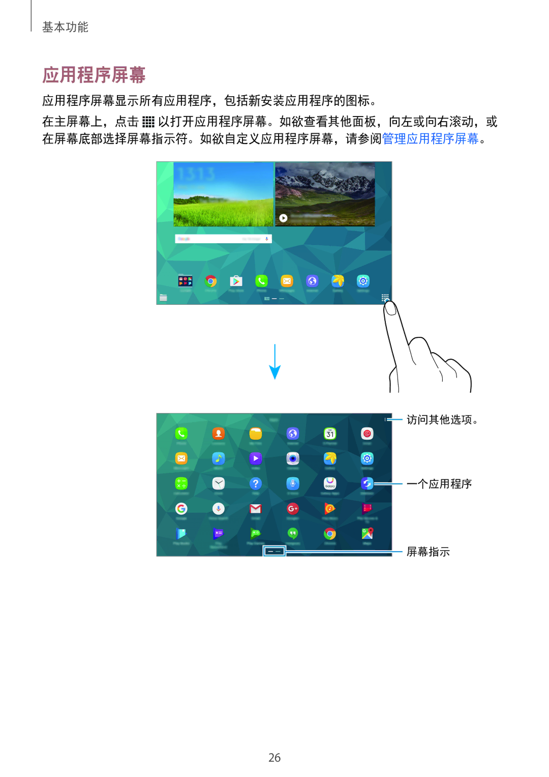 Samsung SM-T705NZWAXXV, SM-T705NTSAXXV, SM-T805NTSAXXV, SM-T805NZWAXXV manual 应用程序屏幕显示所有应用程序，包括新安装应用程序的图标。 