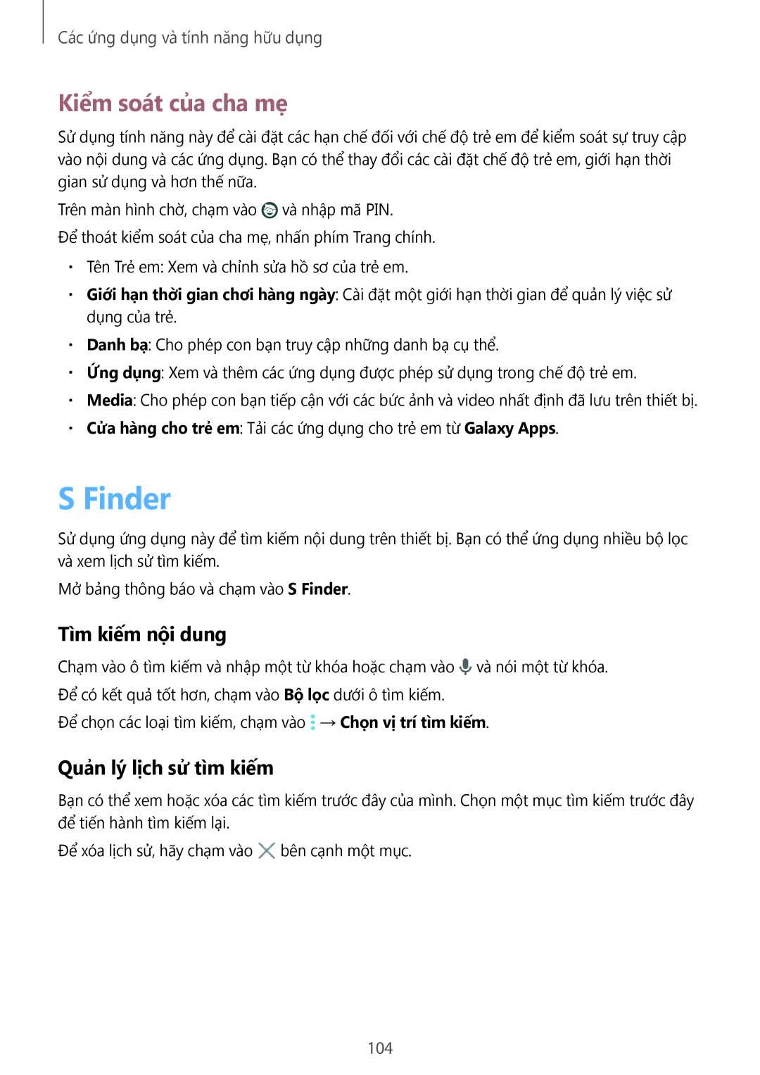 Samsung SM-T705NTSAXXV, SM-T805NTSAXXV manual Finder, Kiểm soát của cha mẹ, Tìm kiếm nội dung, Quản lý lịch sử tìm kiếm 