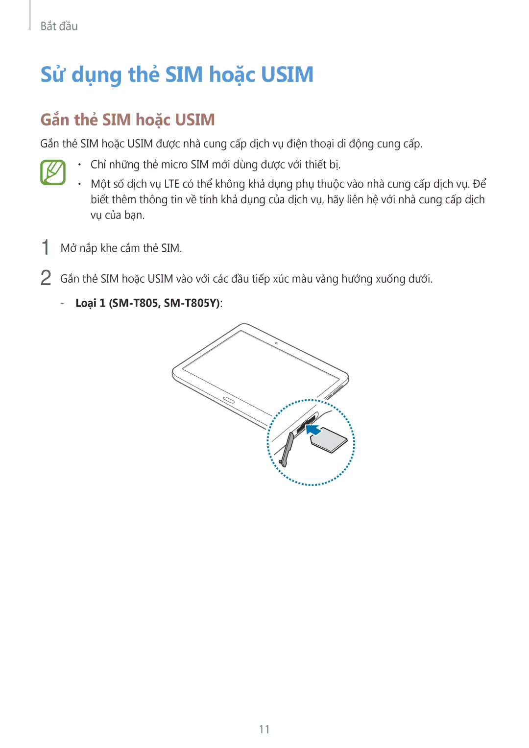 Samsung SM-T805NZWAXXV, SM-T705NTSAXXV, SM-T805NTSAXXV, SM-T705NZWAXXV manual Sử dụng thẻ SIM hoặc Usim, Gắn thẻ SIM hoặc Usim 