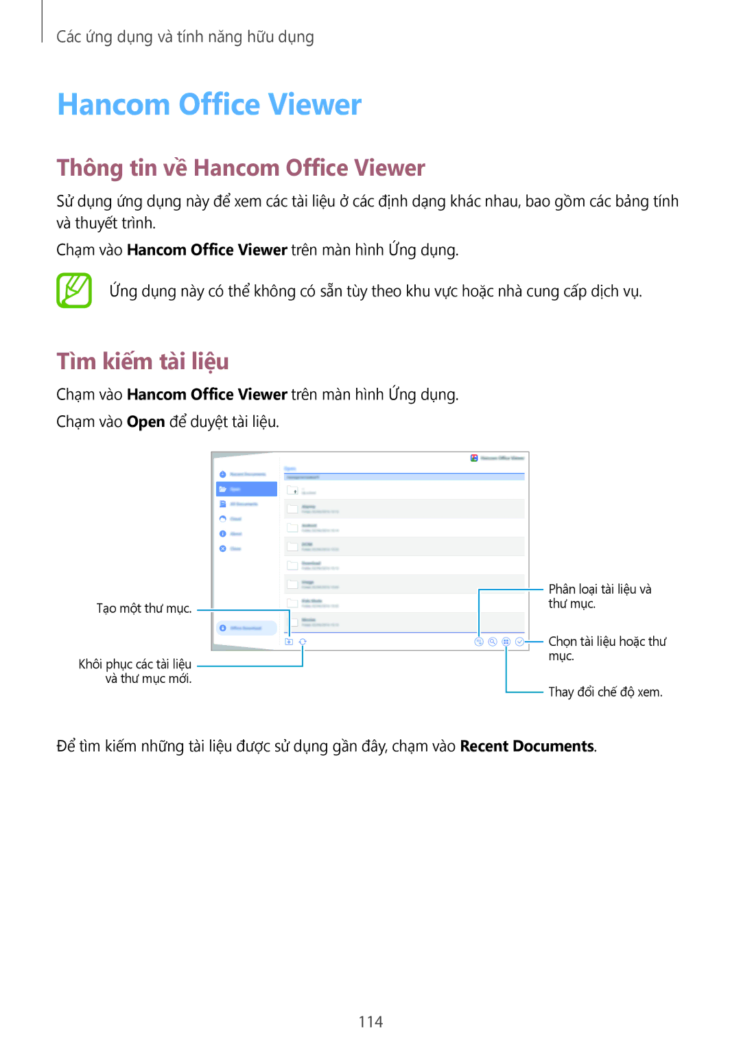 Samsung SM-T705NZWAXXV, SM-T705NTSAXXV, SM-T805NTSAXXV manual Thông tin về Hancom Office Viewer, Tìm kiếm tài liệu 