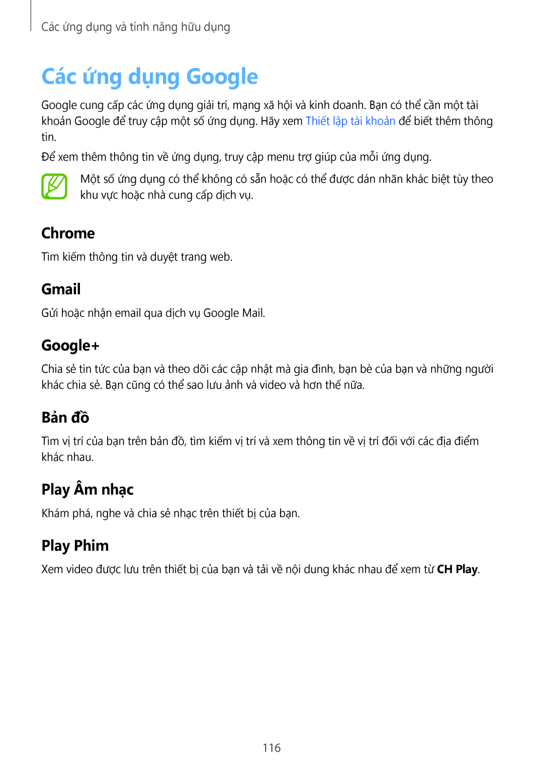 Samsung SM-T705NTSAXXV, SM-T805NTSAXXV, SM-T705NZWAXXV, SM-T805NZWAXXV manual Các ứng dụng Google, Google+ 