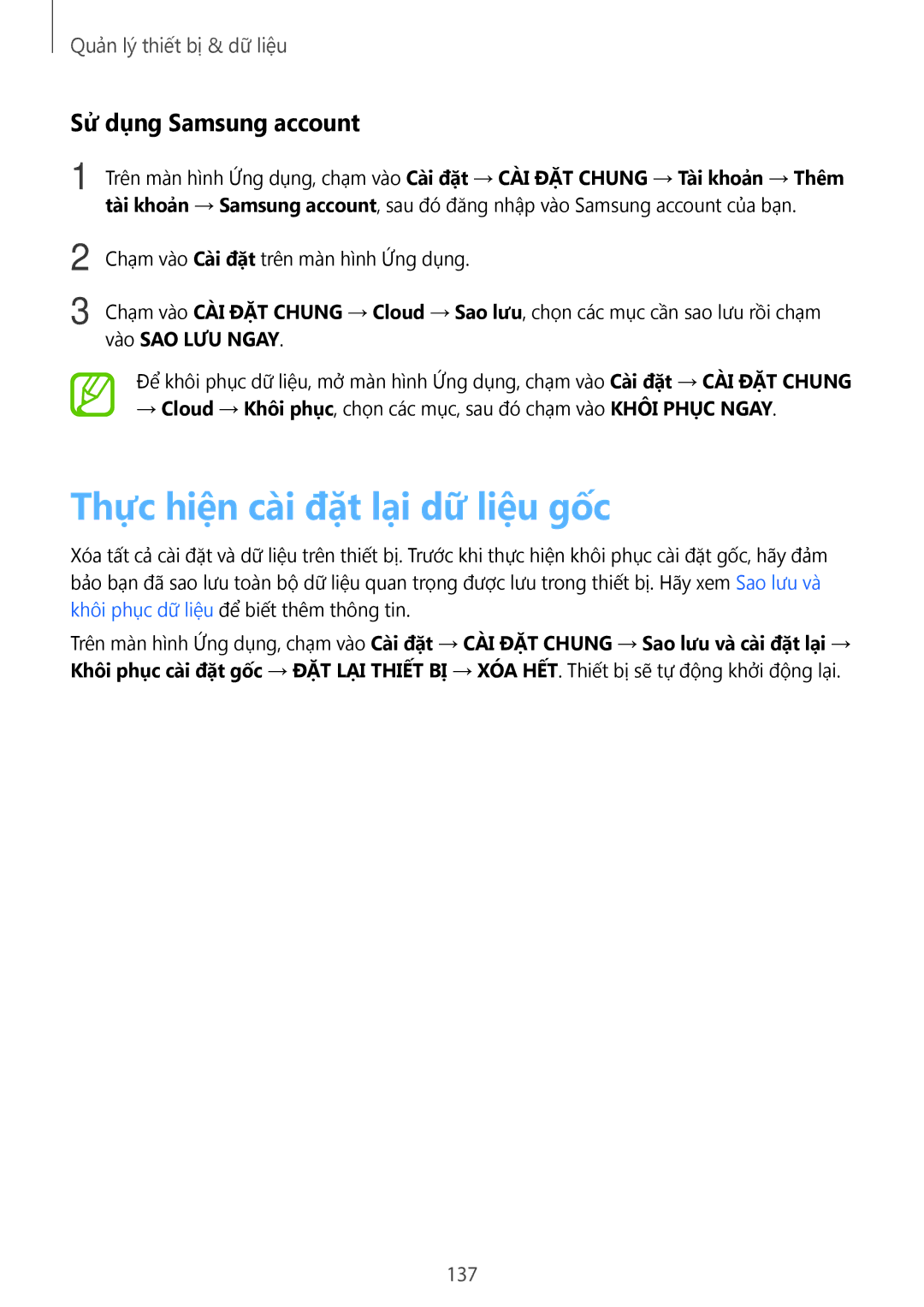 Samsung SM-T805NTSAXXV, SM-T705NTSAXXV, SM-T705NZWAXXV manual Thực hiện cài đặt lại dữ liệu gốc, Sử dụng Samsung account 