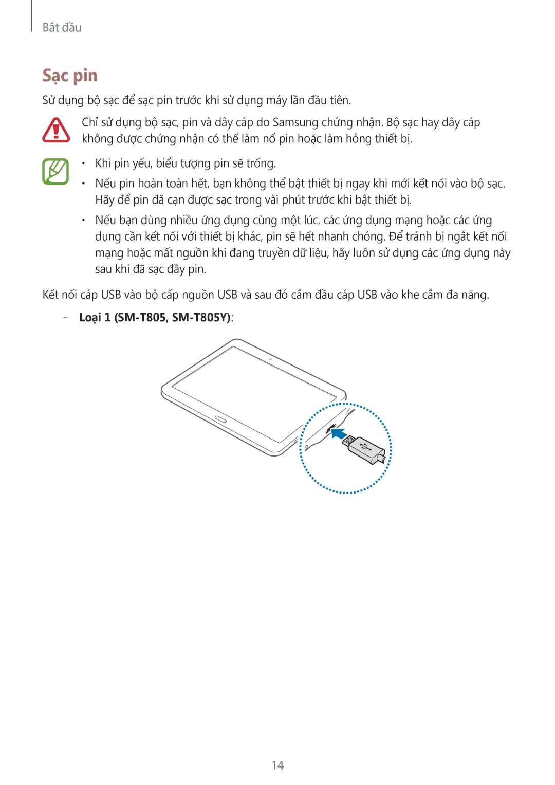 Samsung SM-T705NZWAXXV, SM-T705NTSAXXV, SM-T805NTSAXXV, SM-T805NZWAXXV manual Sạc pin, Loại 1 SM-T805, SM-T805Y 