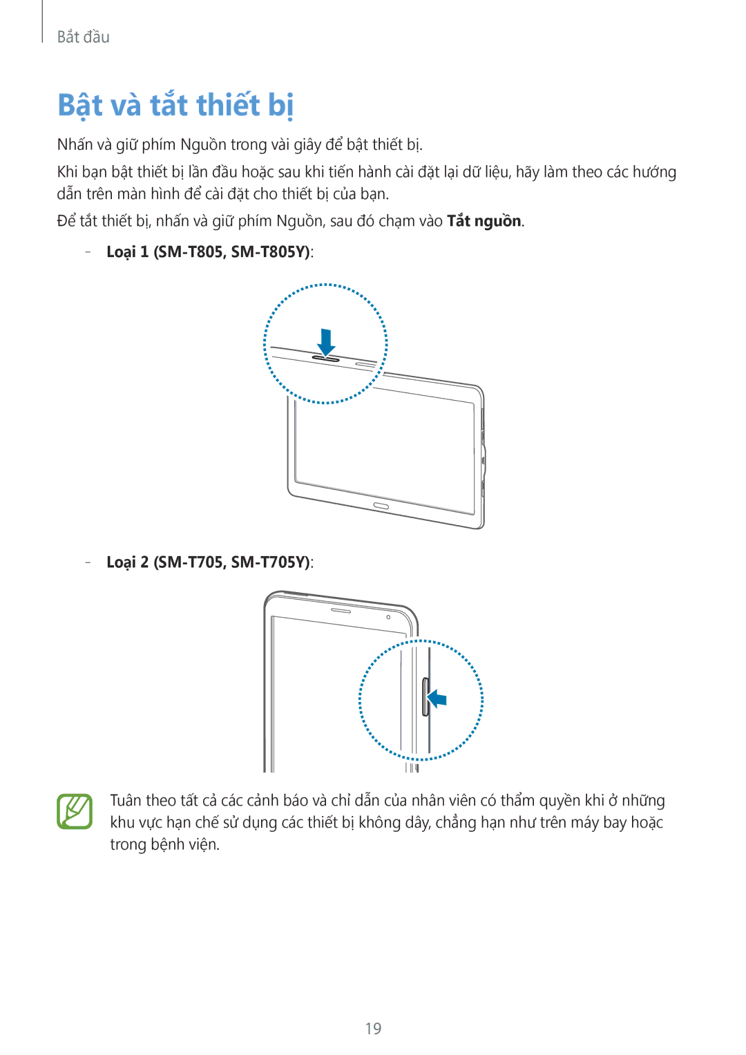 Samsung SM-T805NZWAXXV, SM-T705NTSAXXV, SM-T805NTSAXXV, SM-T705NZWAXXV manual Bật và tắt thiết bị 
